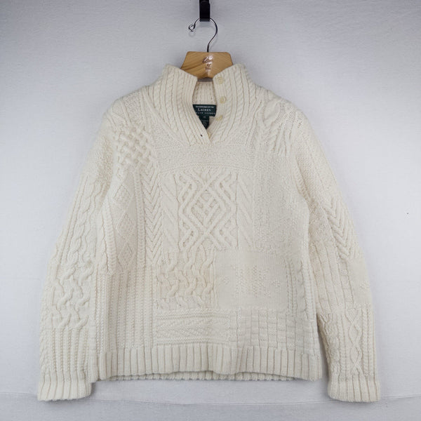 90’s Vtg Ralph Lauren Handknit Aran Patchwork Sweater Women’s M Cream *Read
