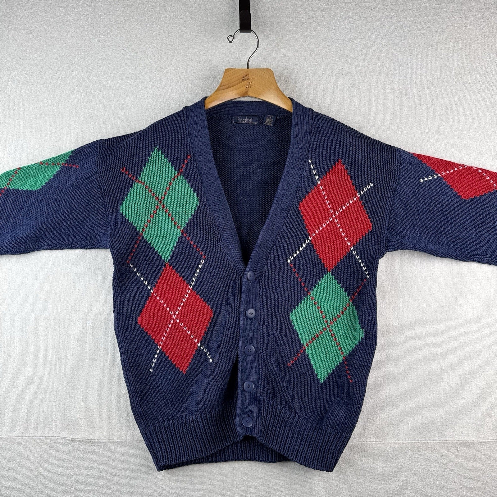80’s Vintage Argyle Cardigan Sweater Blue Diamond Knit Unisex Medium