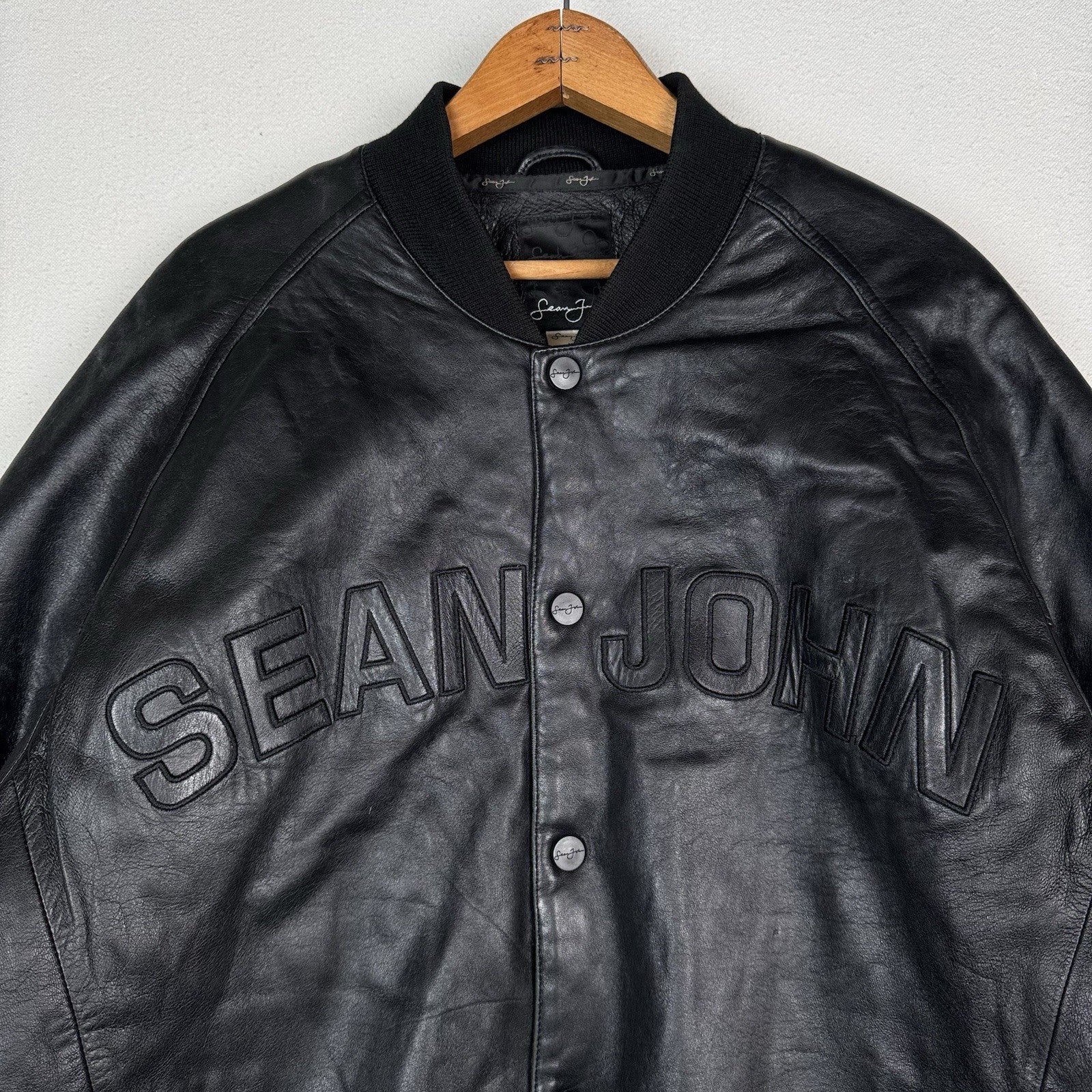 Vtg Sean John Soft Leather Bomber Jacket 2XL Black Puffy Hip Hop Streetwear