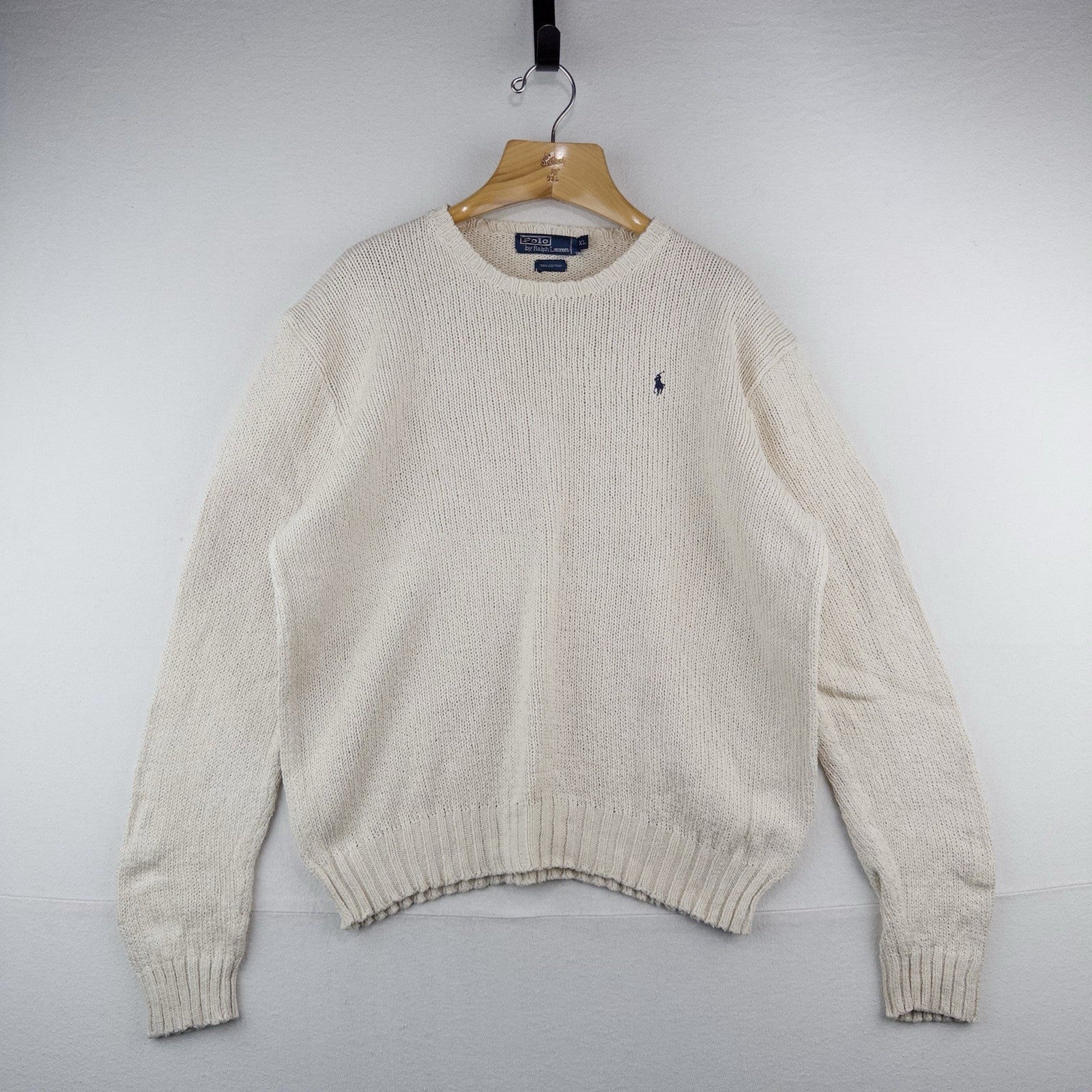 90s Vtg Polo Ralph Lauren Sweater Men's XL Cream 100% Cotton Crewneck Navy Pony