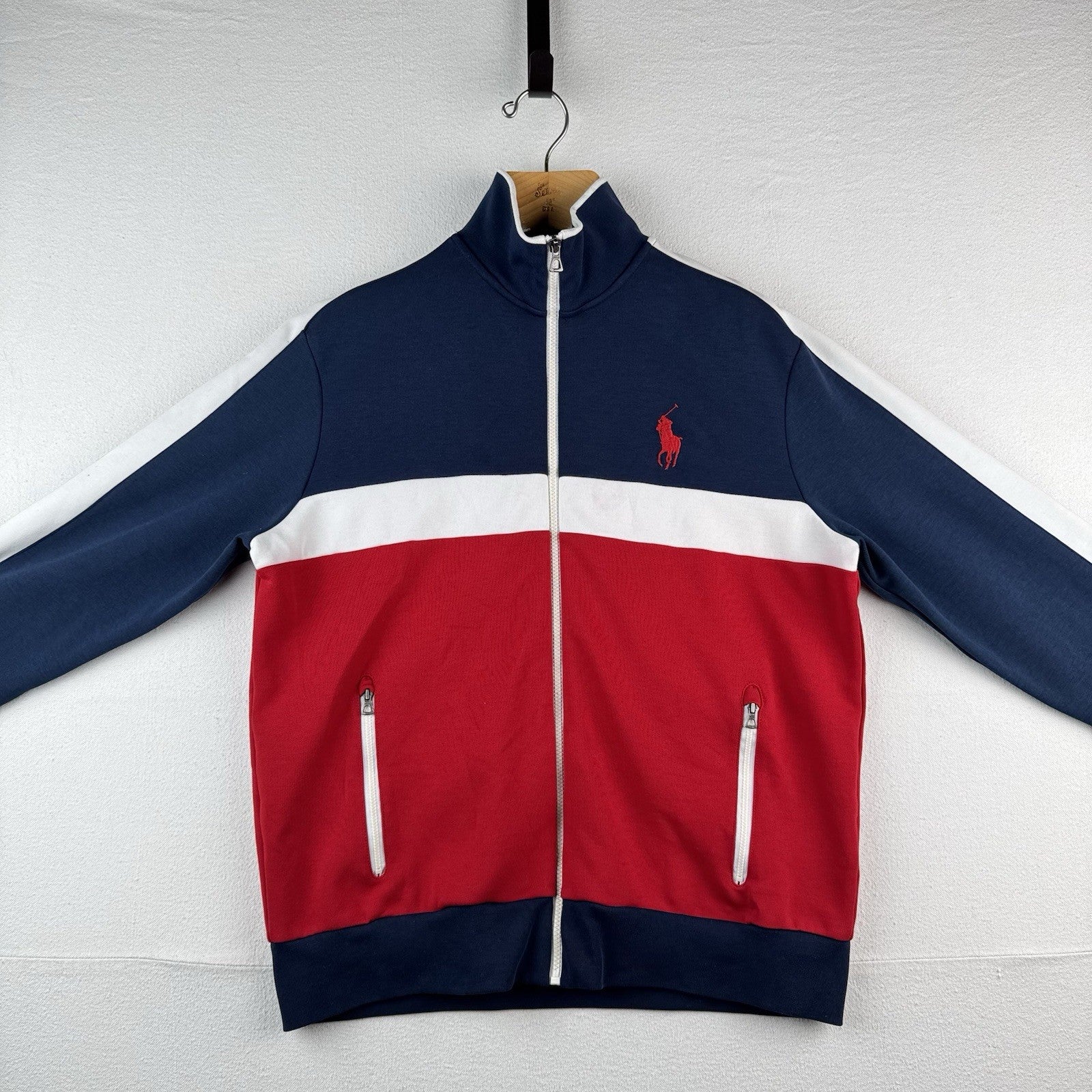 Polo Ralph Lauren Men's L Full Zip Red White Blue USA Flag Track Jacket Big Pony