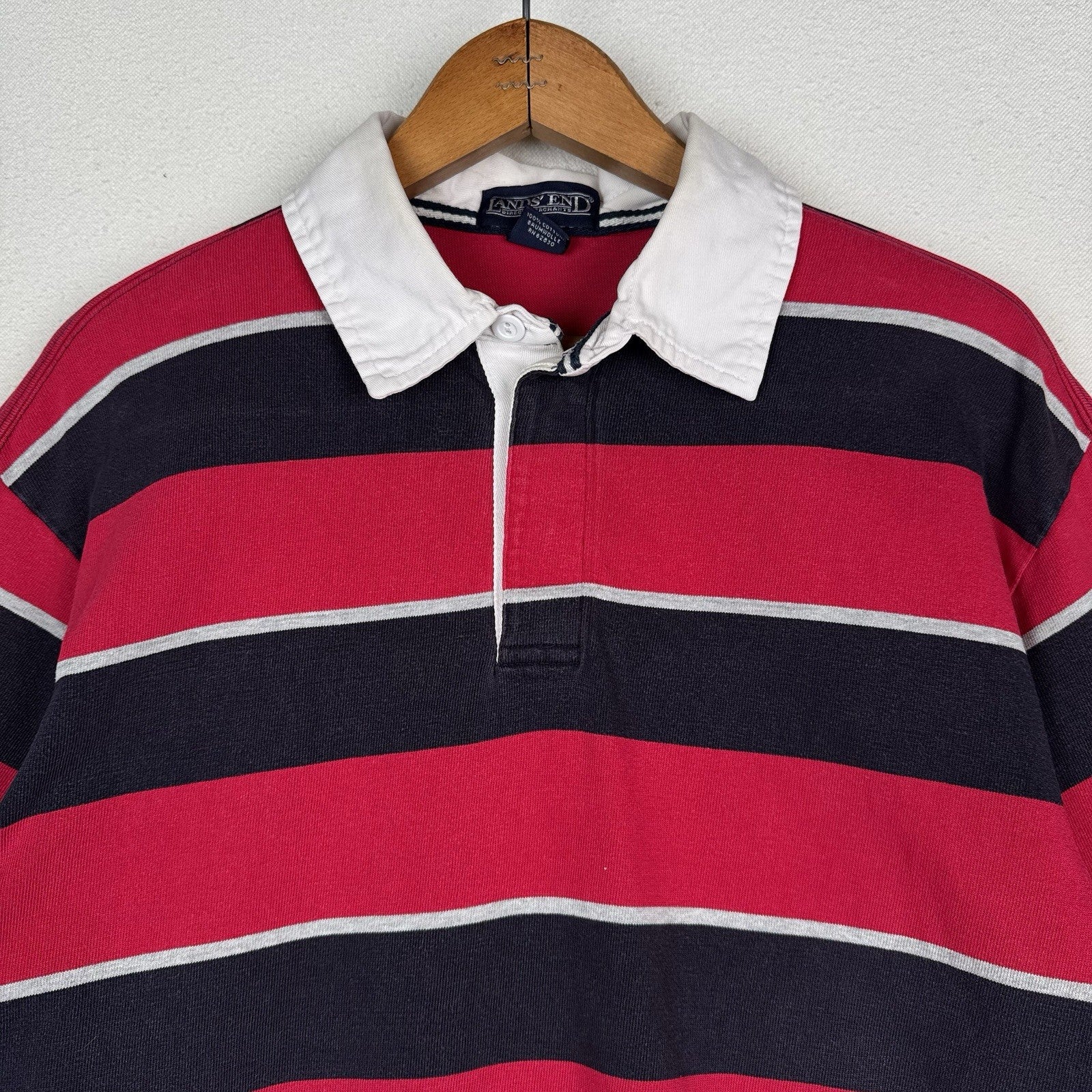 Vintage Lands End Rugby Shirt Mens Large 42-44 Red Blue Gray Striped Polo