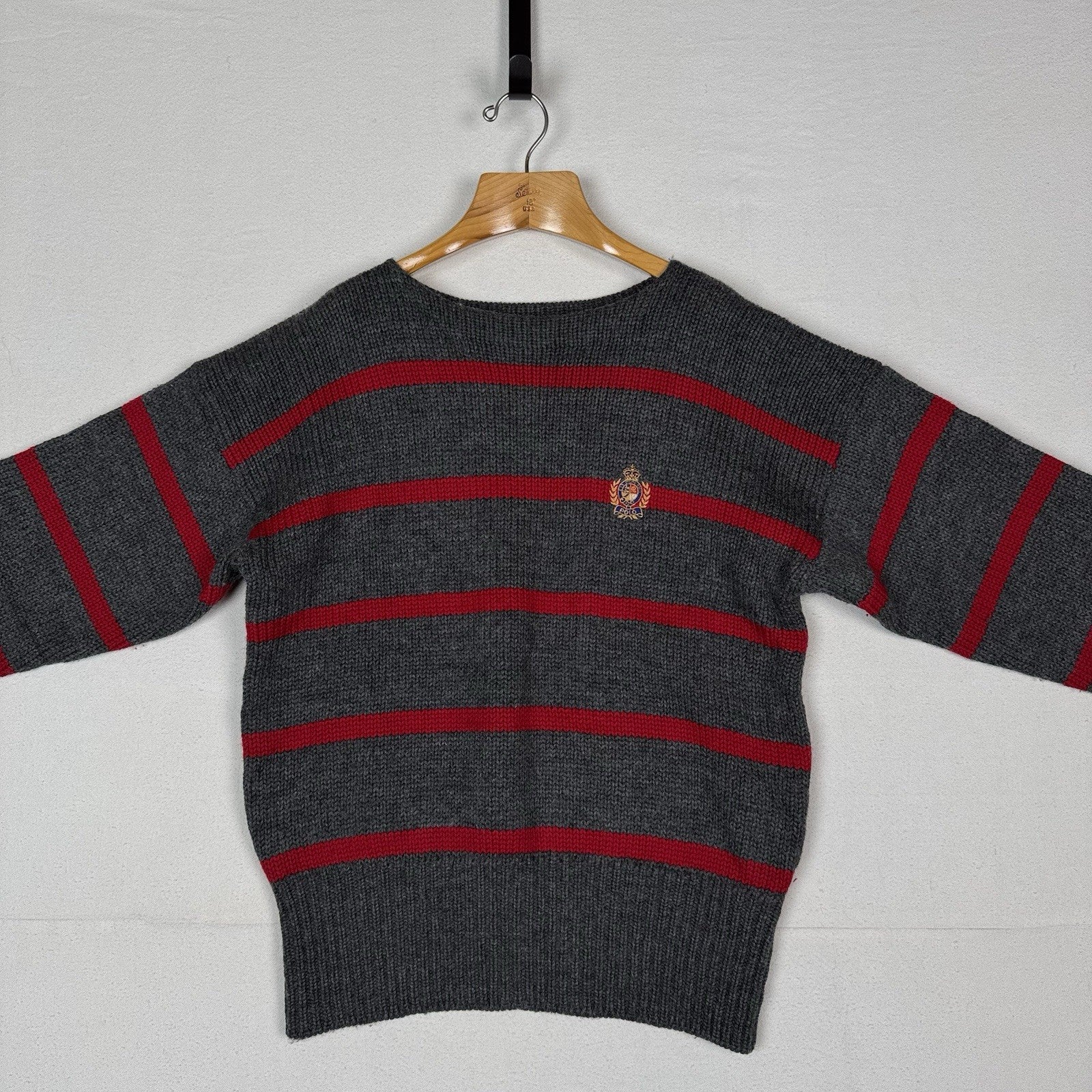 90’s Vtg Polo Ralph Lauren Striped Boat Neck Wool Knit Sweater Gray Red Crest XL