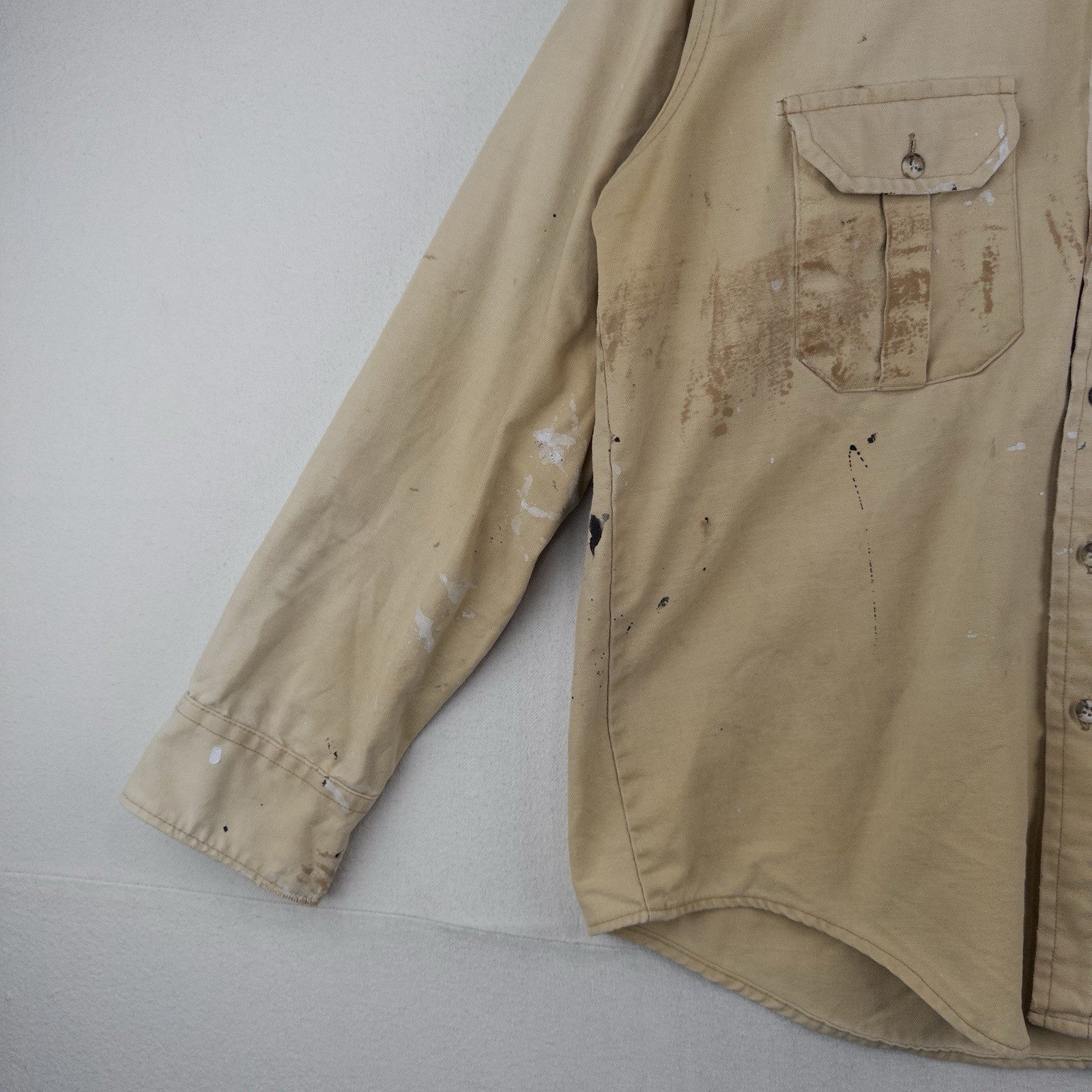 70’s Vtg Sportsman's Guide Shirt Mens L Heavy Cotton Tan Long Sleeve *Distressed