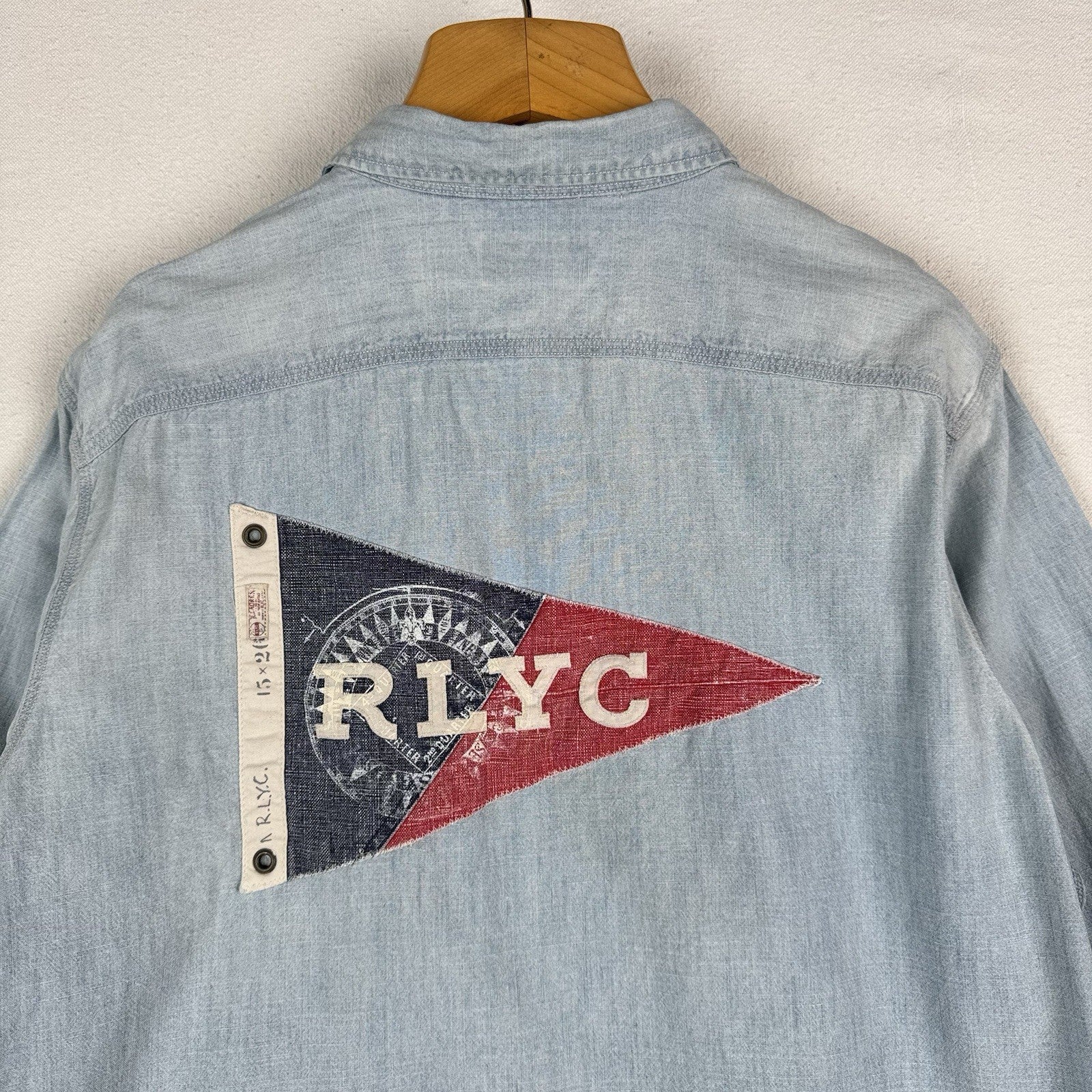 90s Polo Ralph Lauren Men’s Large Chambray Denim Shirt Blue Yacht Club RLYC Flag