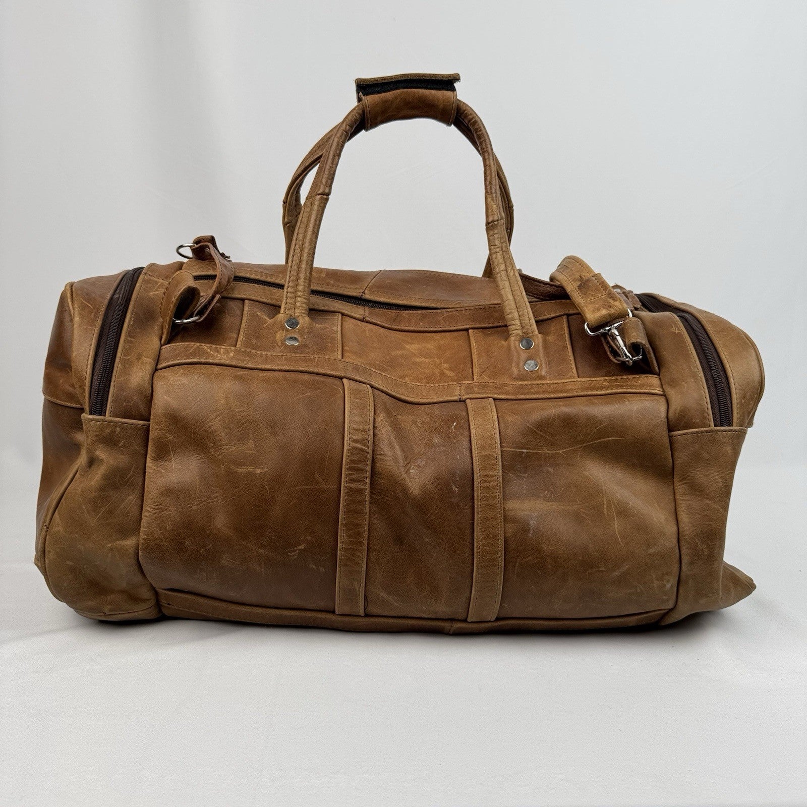 Vtg Tan Leather Duffle Bag Travel Weekender Gym Luggage Side Grab Handles 22”