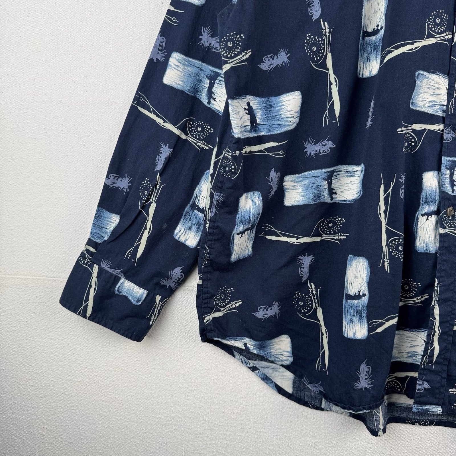 Fly Fishing Fisherman Men’s XL Navy Blue Button Up Shirt 100% Cotton Long Sleeve