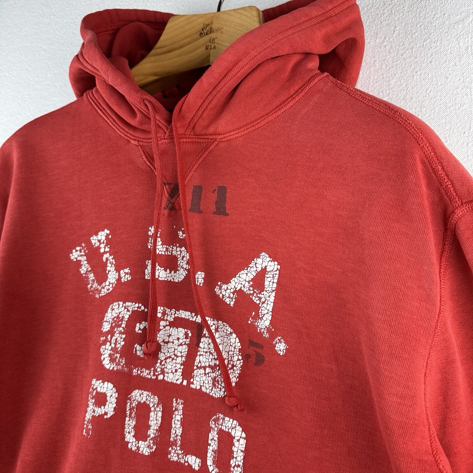 Distressed Polo Ralph Lauren Hoodie Men’s Large USA Polo 67 Coral Red Orange