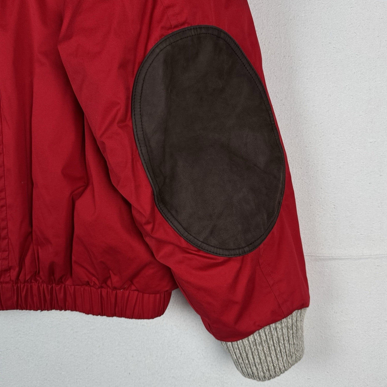 90s Nautica Mens XL Down Puffer Bomber Jacket Leather Patches Red Sweater Collar