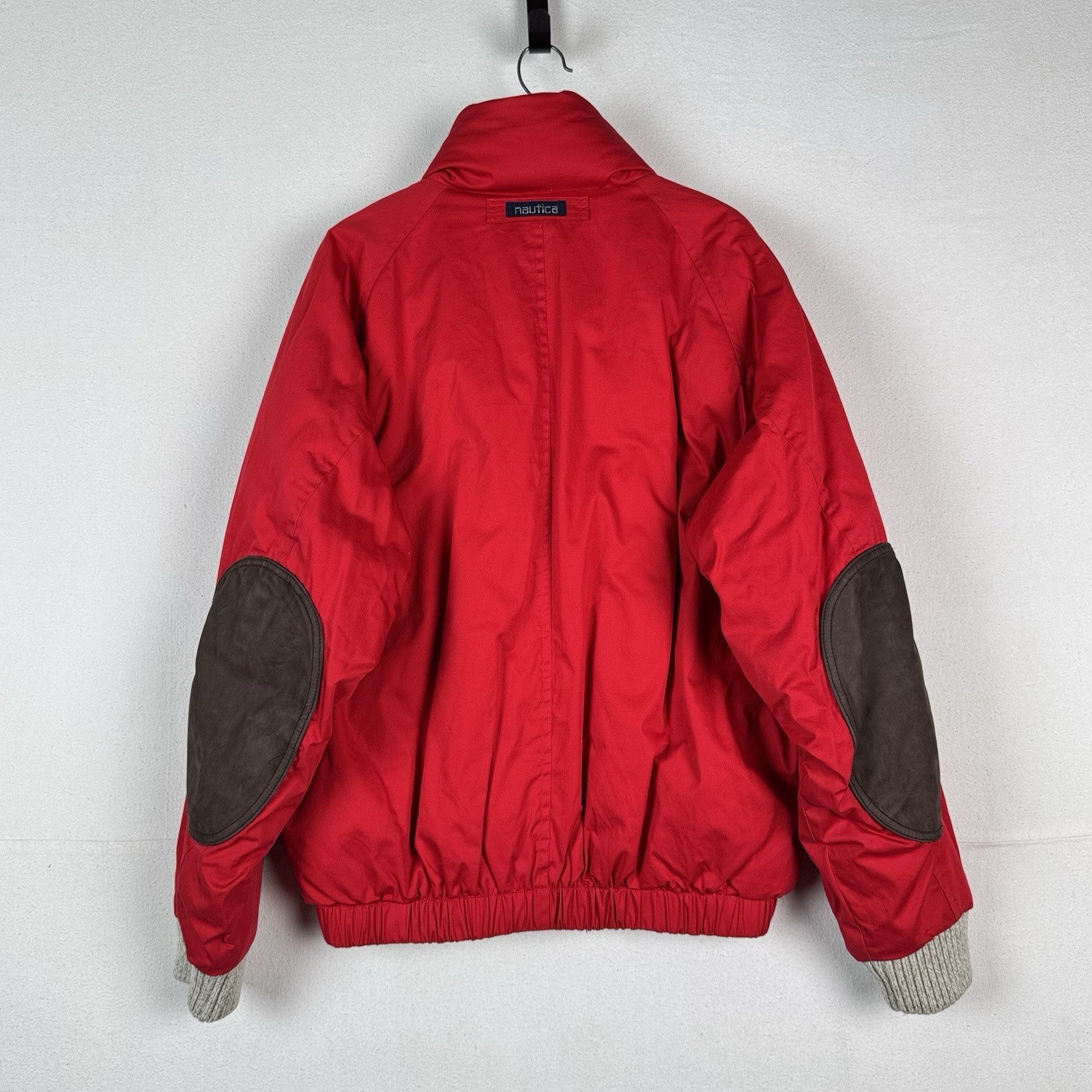 90s Nautica Mens XL Down Puffer Bomber Jacket Leather Patches Red Sweater Collar