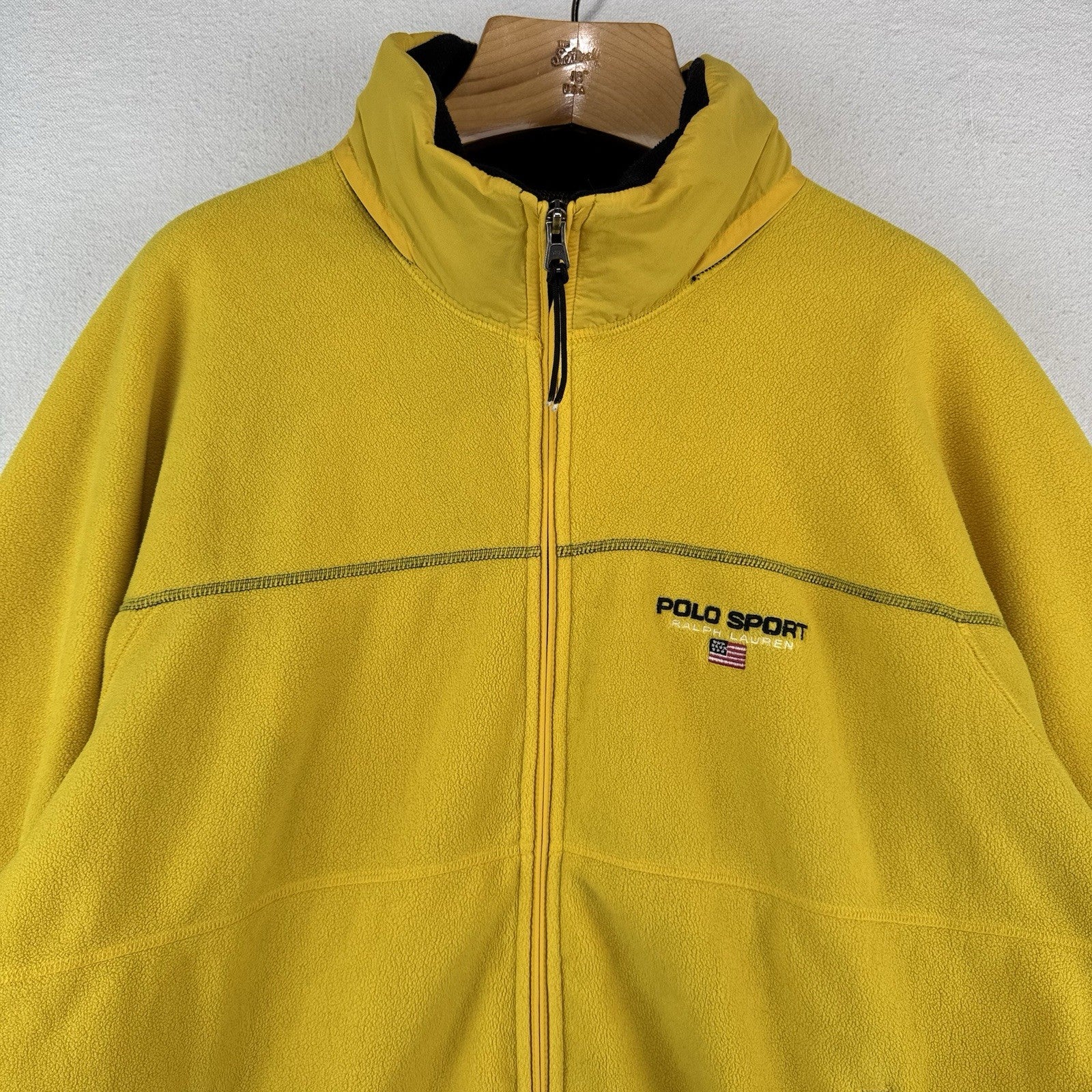 90’s Vtg Polo Sport Ralph Lauren Yellow Fleece Full Zip Jacket Mens XL Hood