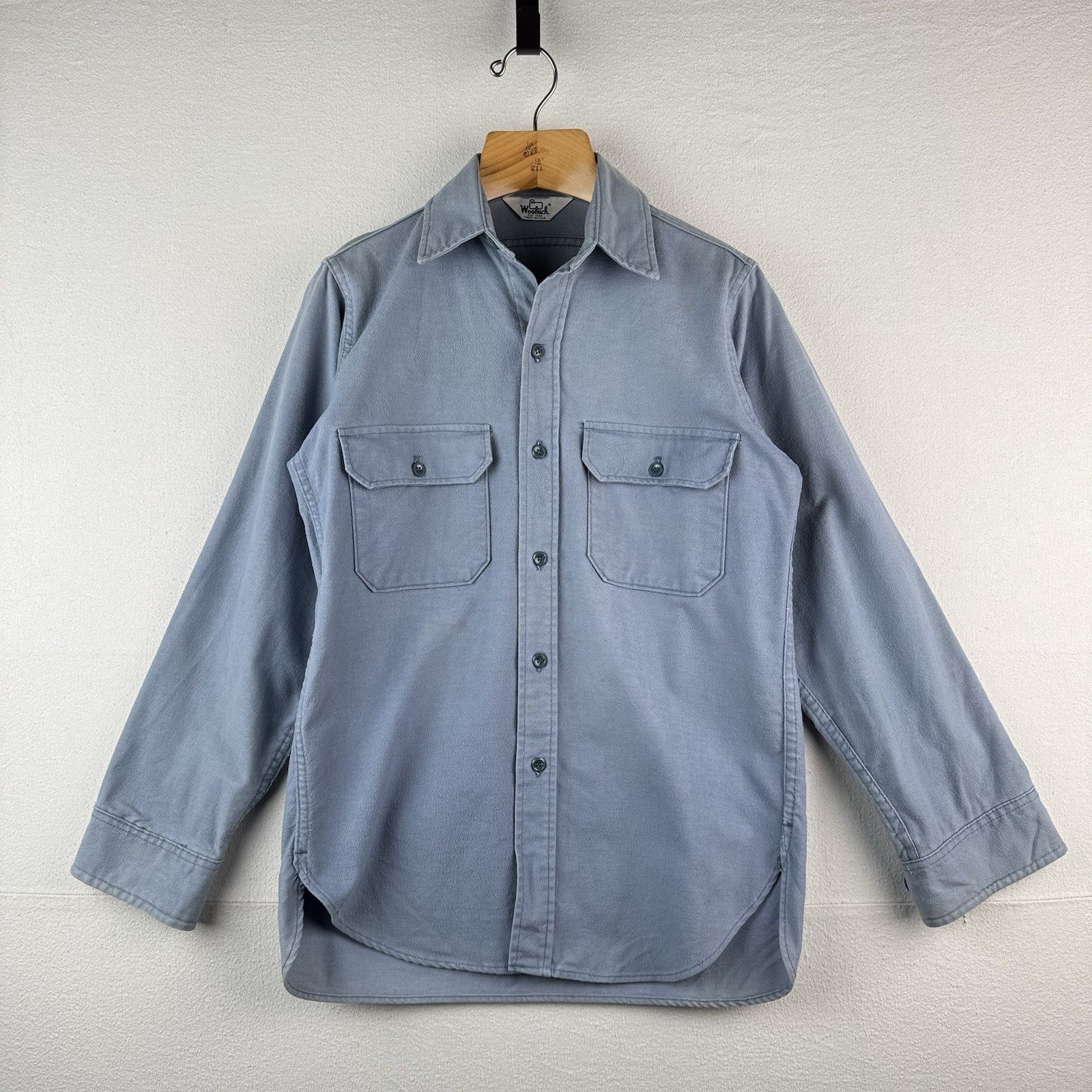 80’s Vtg Woolrich Chamois Cotton Button Up Flannel Blue Mens M Made USA Sunfaded