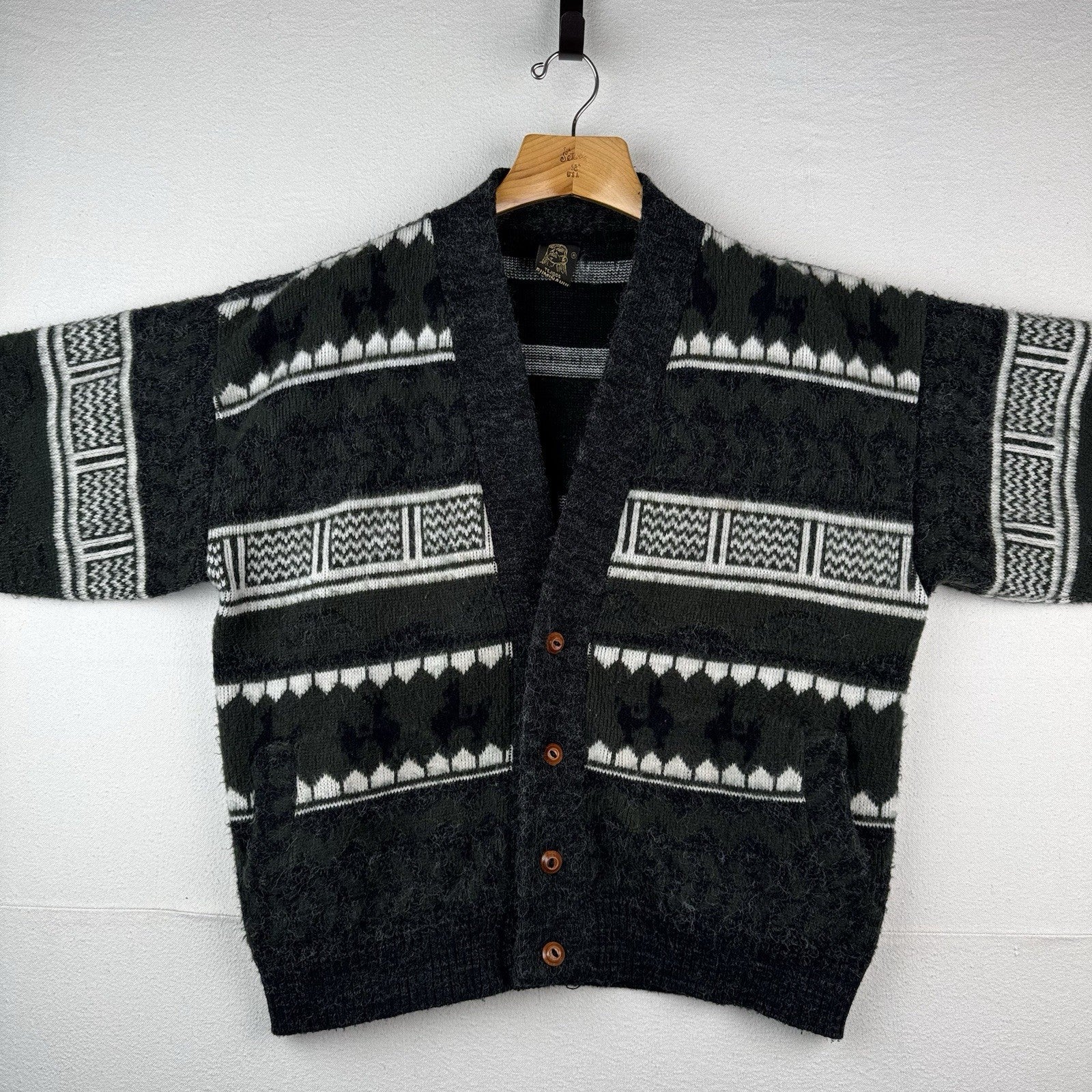 Tejidos Ruminahui Men's XL Southwest V-Neck Wool Cardigan Sweater Green Gray