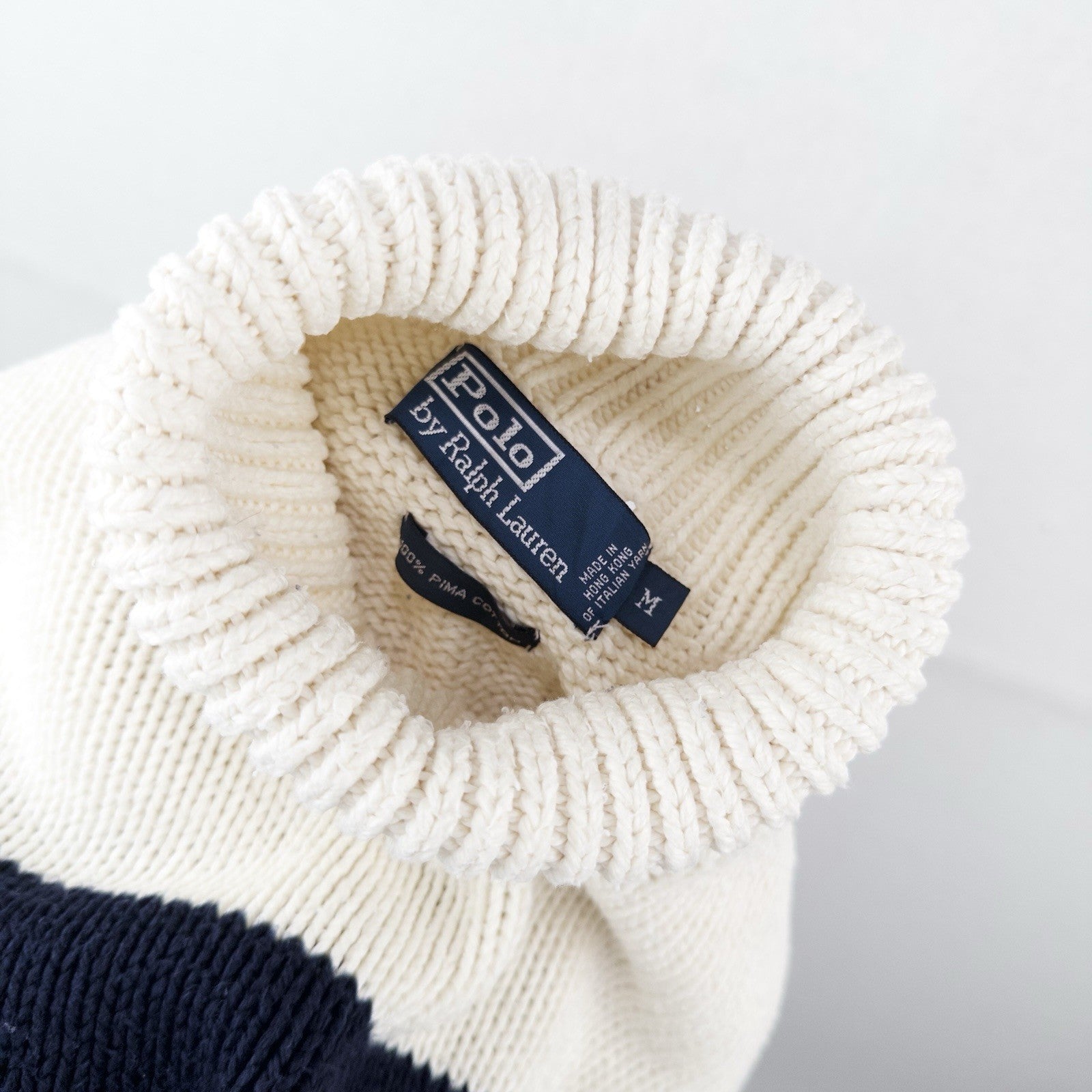 90’s Vtg Polo Ralph Lauren Turtleneck Sweater #3 Men’s M White Navy Pima Cotton