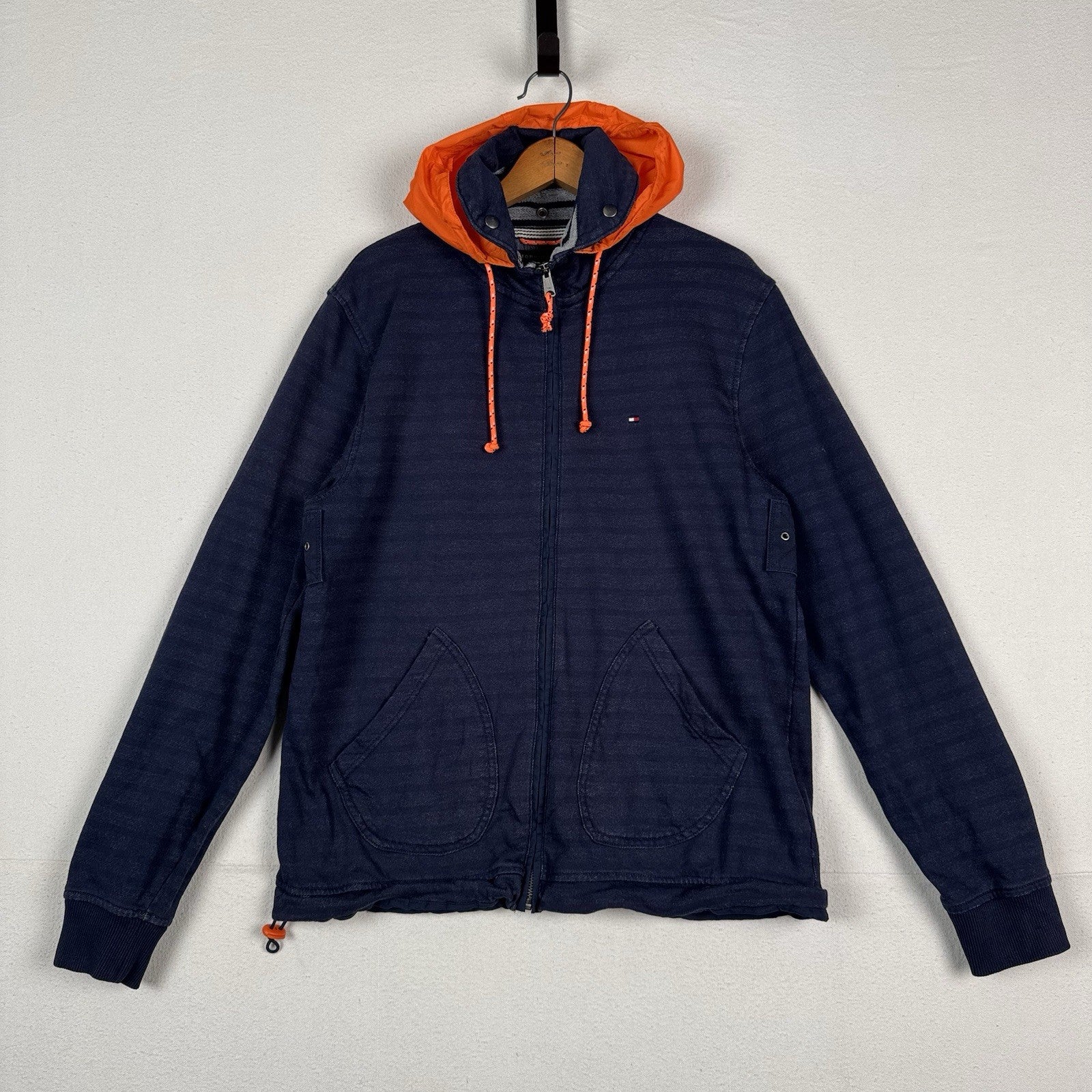 Tommy Hilfiger Navy Orange Women's Large Cotton Jacket Stowaway Hood