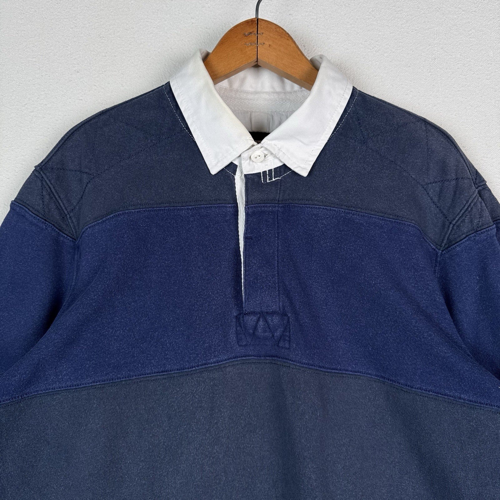 Eddie Bauer Mens Large Blue Striped Collared Rugby Polo Long Sleeve *Read