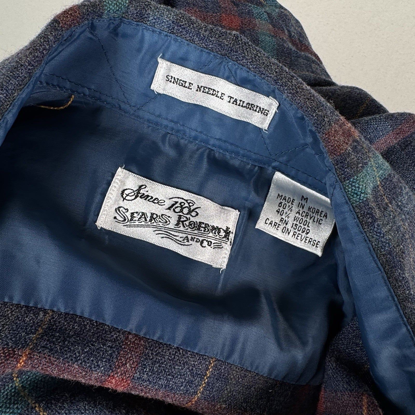 Vtg Sears Roebuck Wool Flannel Shirt Men’s Medium Blue Plaid Single Needle Korea