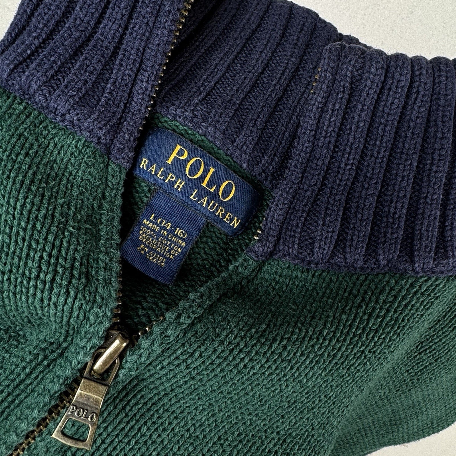 Polo Ralph Lauren Boys Large (14/16) Big Pony 1/4 Zip Sweater Green Navy Blue