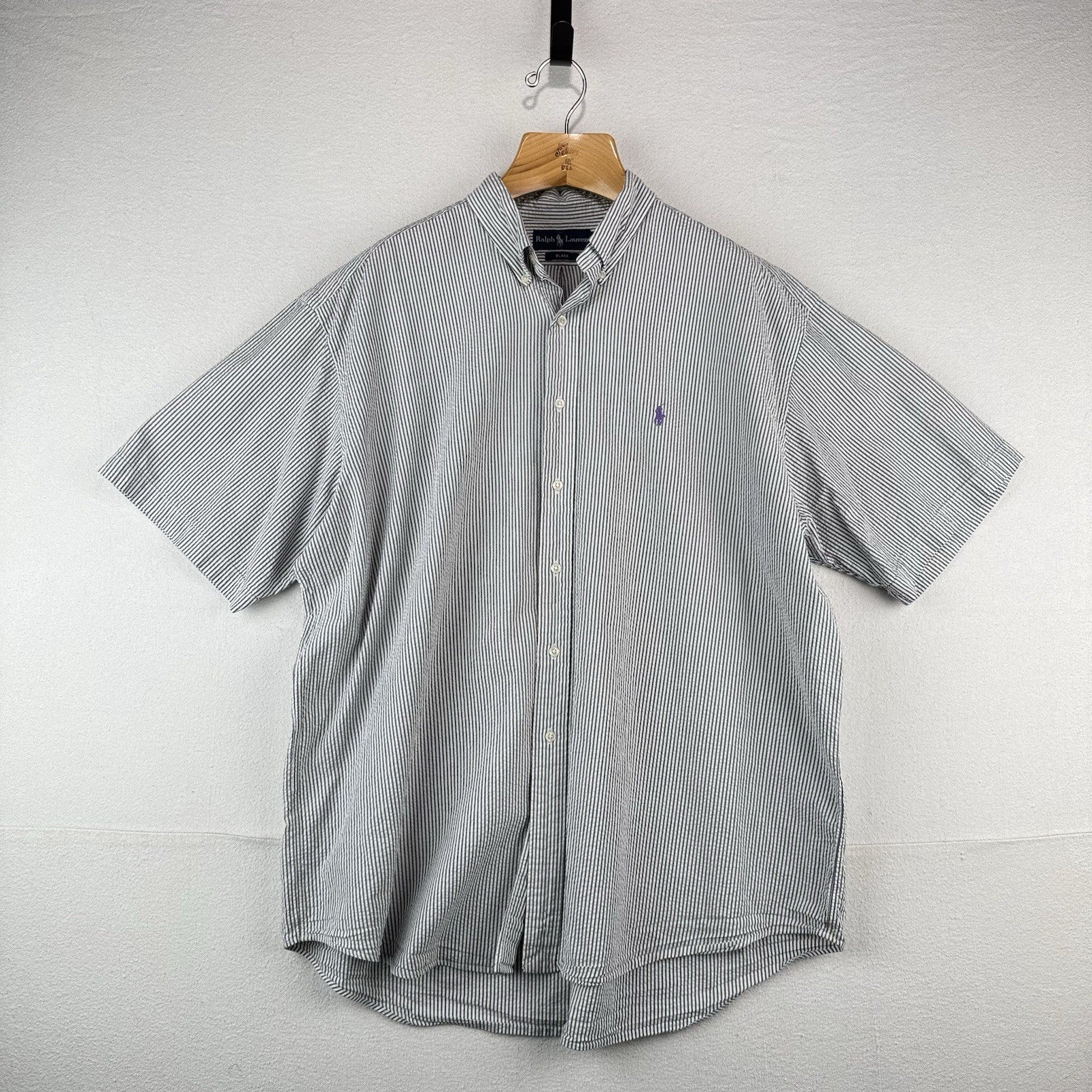 Vtg Ralph Lauren Seersucker Men’s 2XL Blake Short Sleeve Button Shirt Gray White