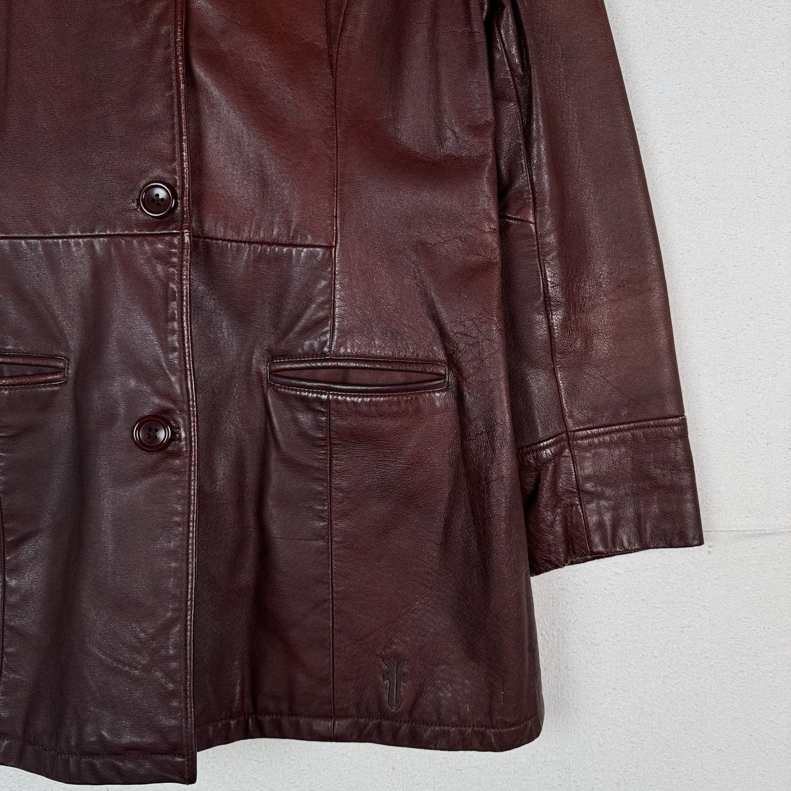 Vintage 90s Frye Leather Womens Large Jacket Coat Rust Brown Maroon Button Front