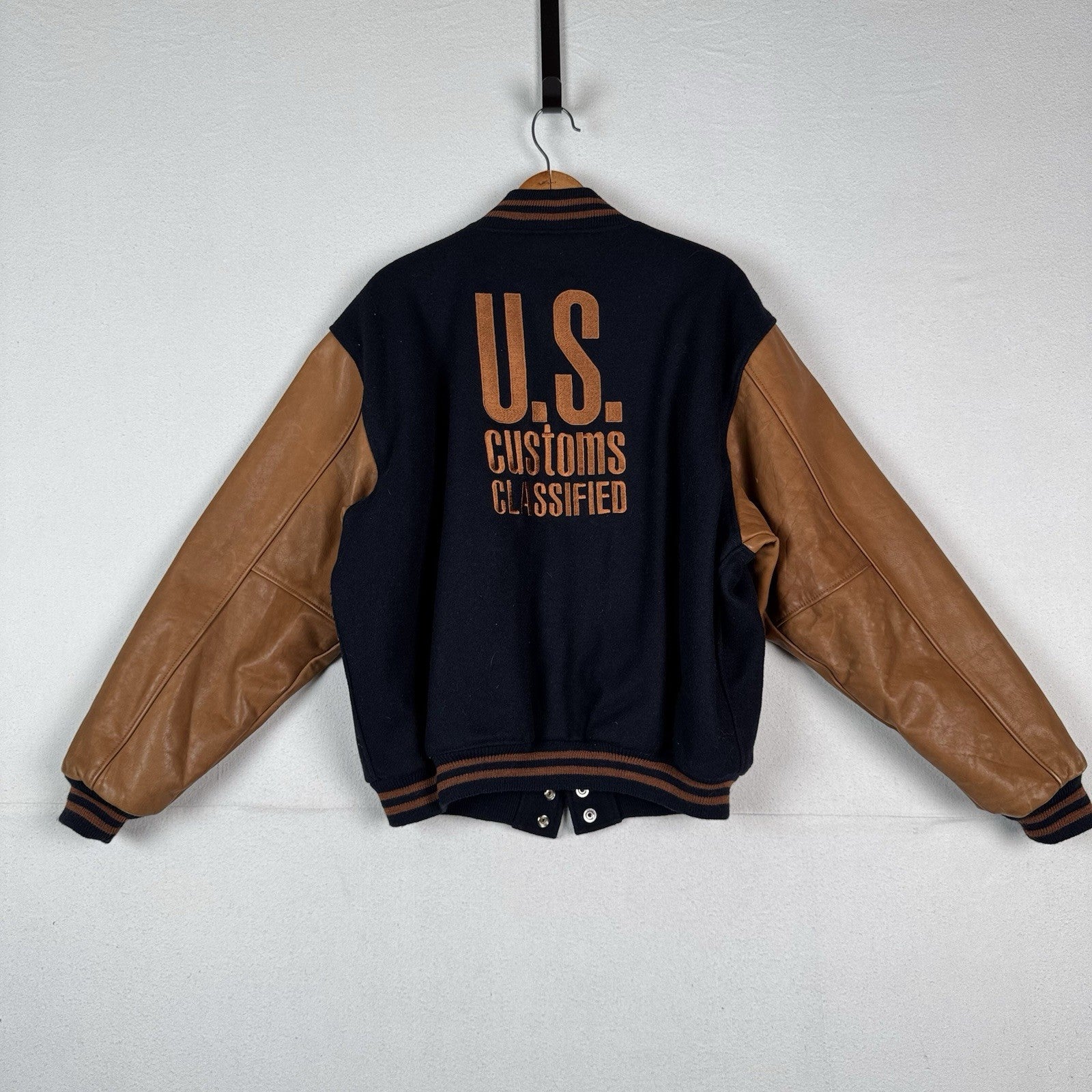 US Customs X Golden Bear Varsity Navy Wool Leather Jacket Mens Large Made USA