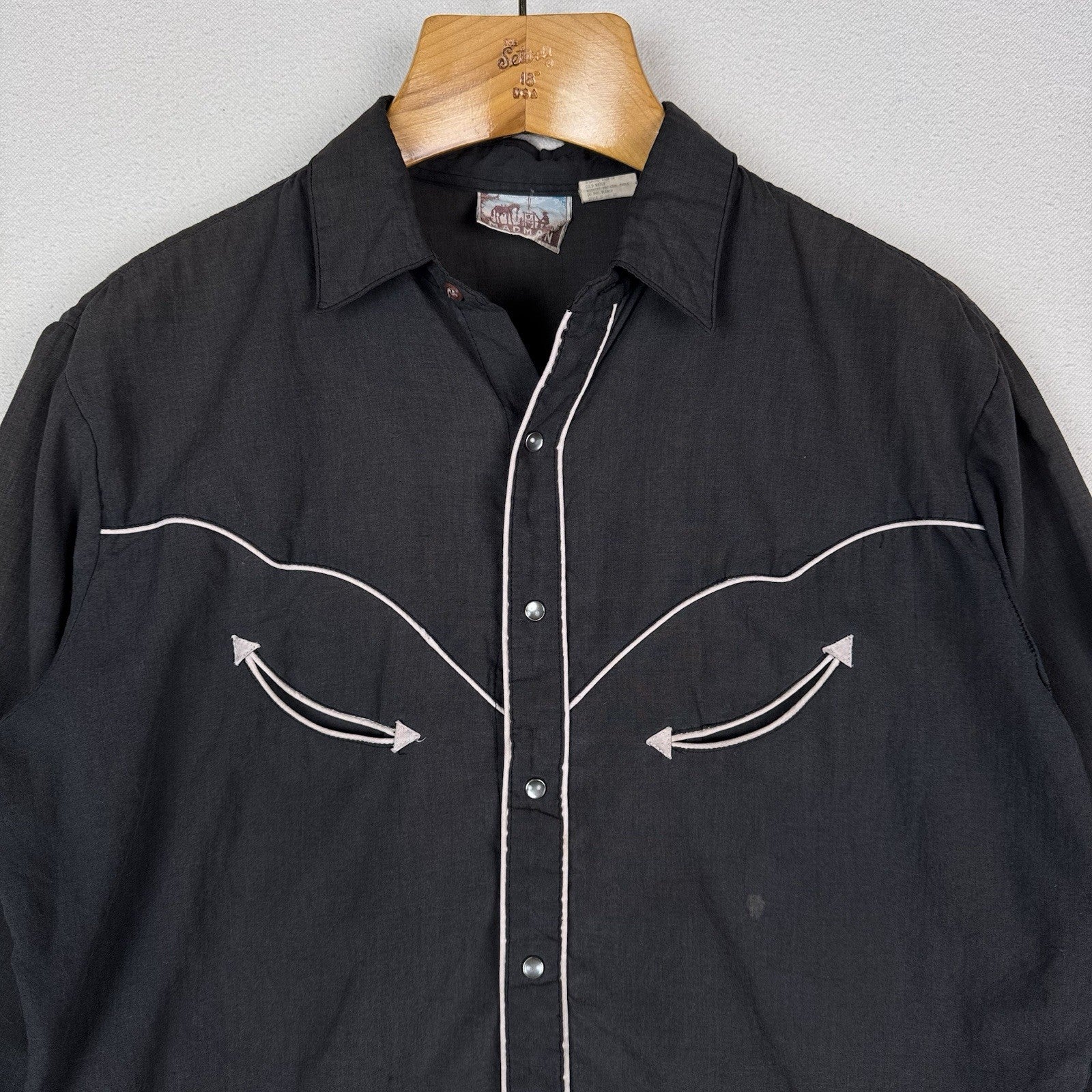 Vintage 70’s  Madman Western Shirt Men’s Large Black White Piping Pearl Snap