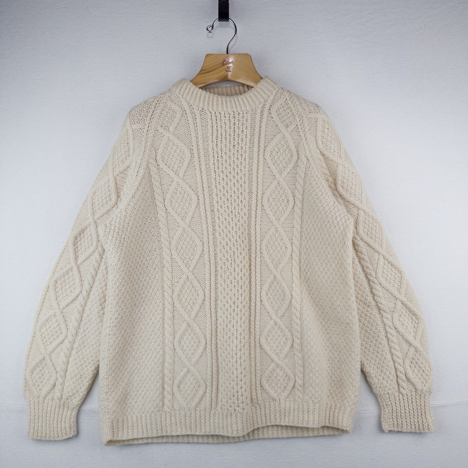 Vintage Handmade Aran Fisherman Cable Knit Wool Sweater Men’s Large (42) Cream