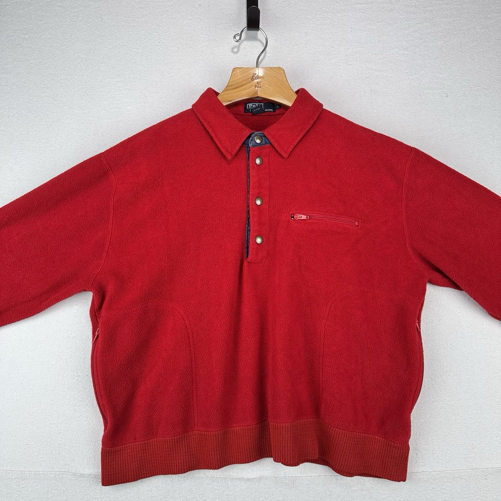 90’s Vtg Polo Ralph Lauren Fleece Polo Pullover Men’s Large Red Made USA