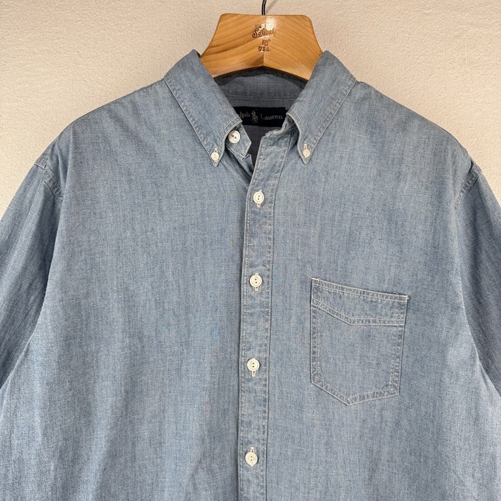 Vintage Ralph Lauren Men's XL Blue Chambray Button Down Shirt Western Workwear