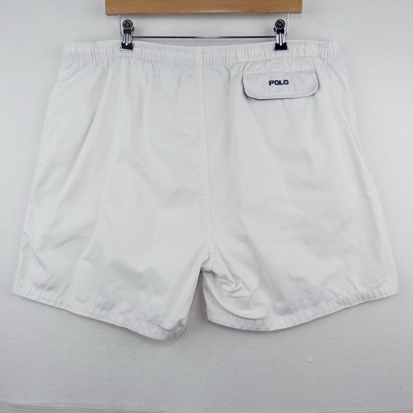 90's Vtg Polo Ralph Lauren Mens 2XL White Cotton Chino Drawstring Zip Shorts