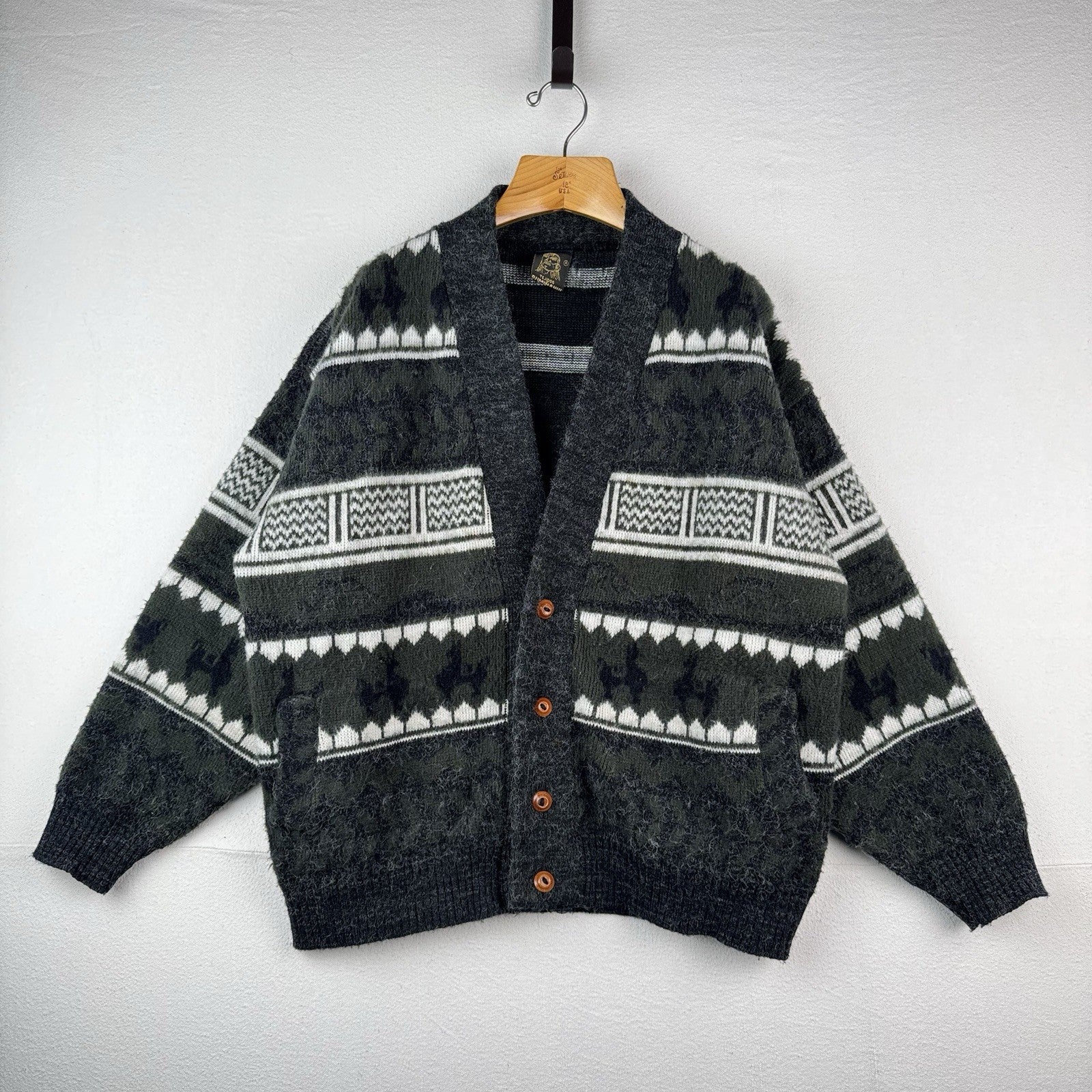 Tejidos Ruminahui Men's XL Southwest V-Neck Wool Cardigan Sweater Green Gray