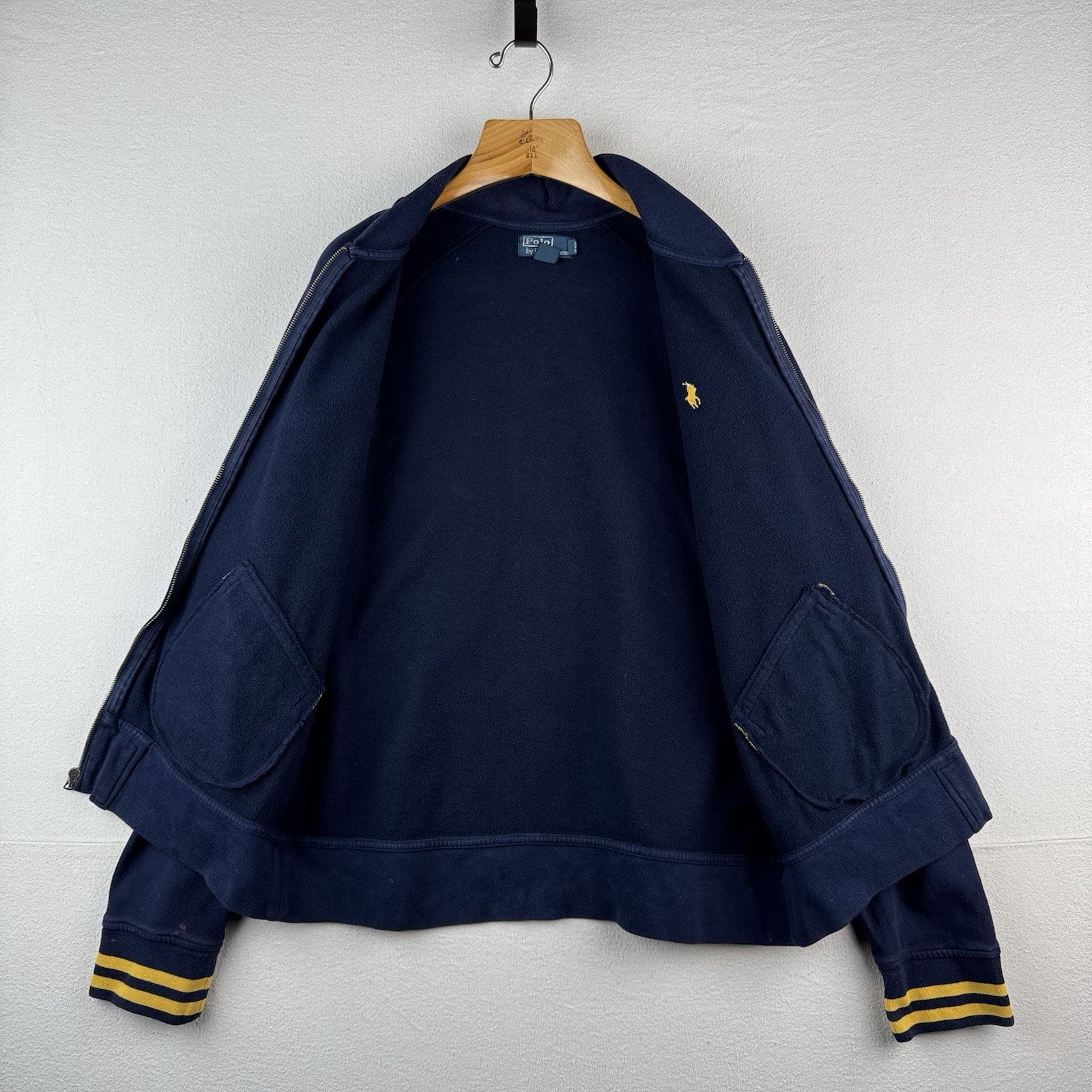 90's Vtg Polo Ralph Lauren Men's XL Fleece Varsity Jacket College Navy Gold Zip