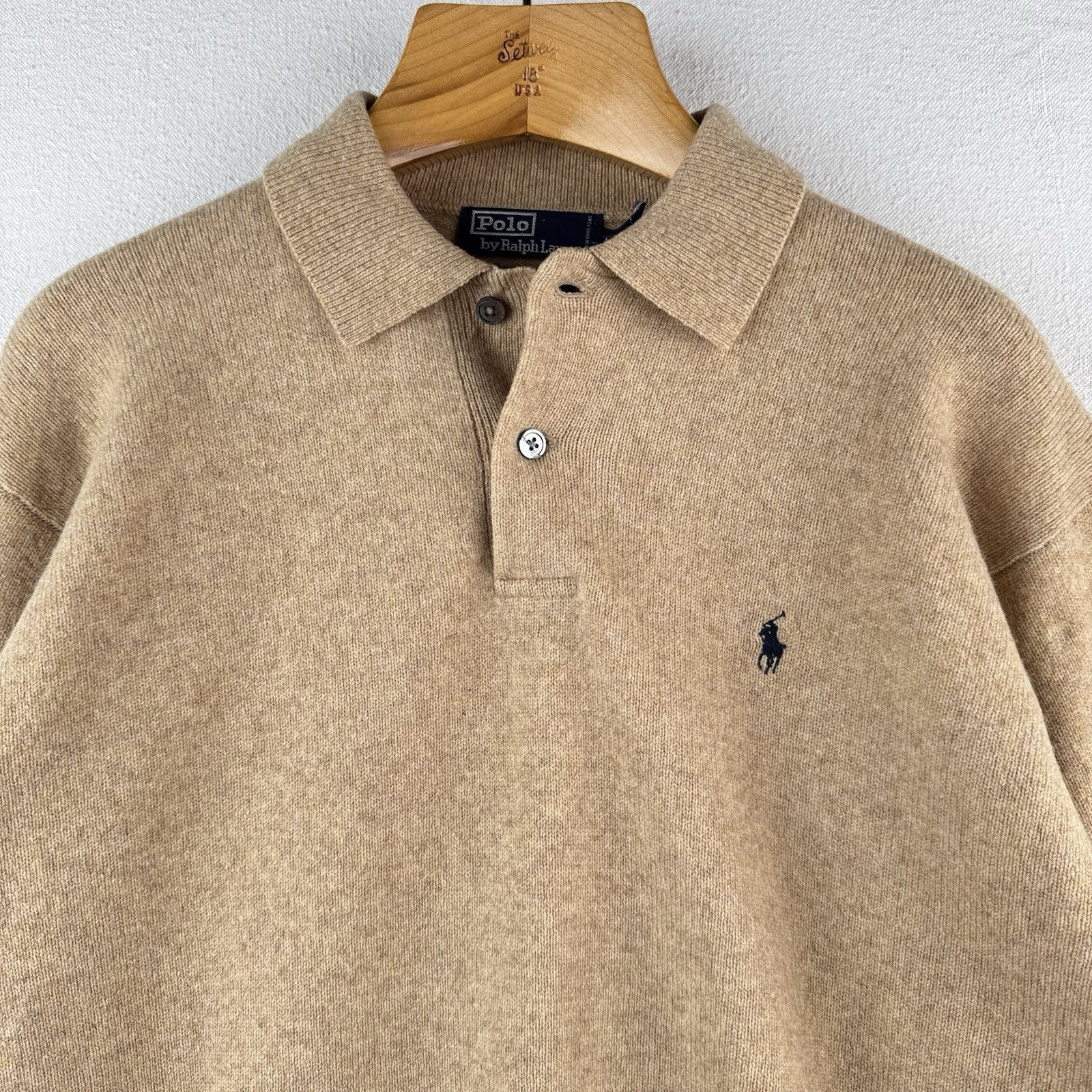90s Vtg Polo Ralph Lauren Sweater Mens M Camel Tan Lambswool Knit Collared *Read