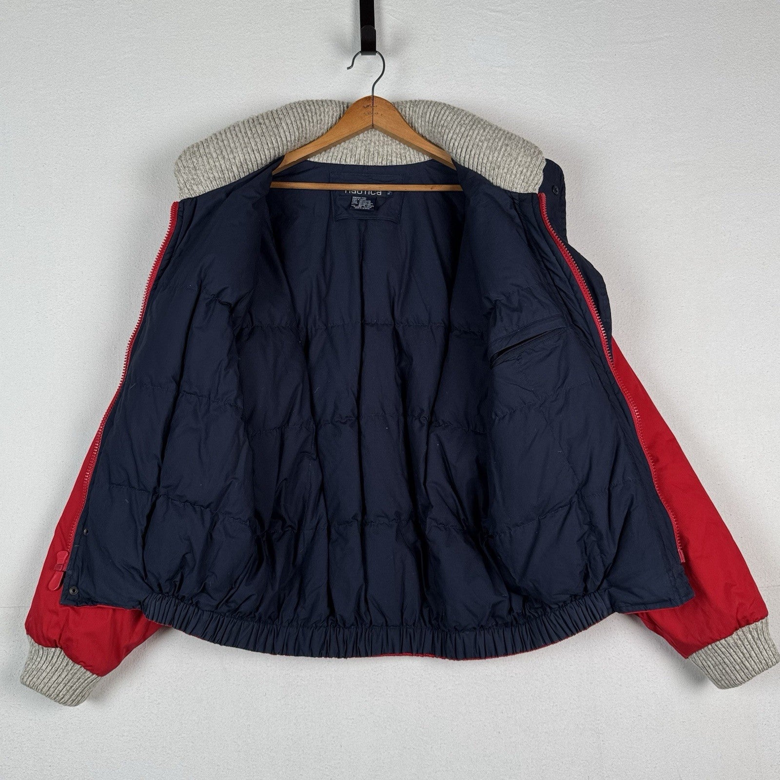 90s Nautica Mens XL Down Puffer Bomber Jacket Leather Patches Red Sweater Collar