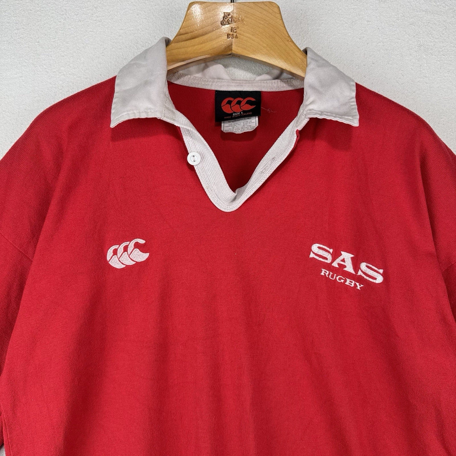 80’s Vtg Canterbury South Africa SAS Rugby Polo Shirt Red White Collar #25 Men L