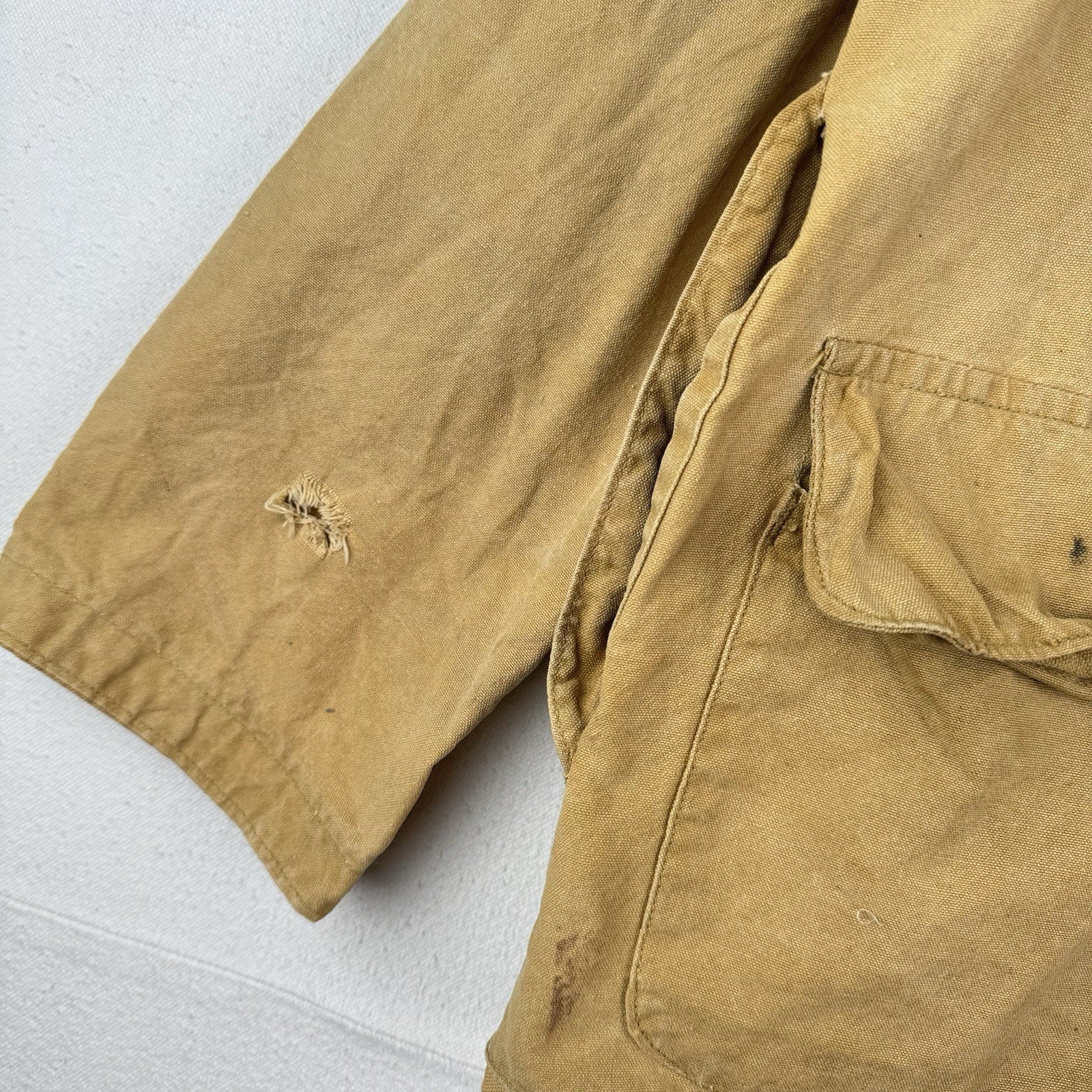 40s 50’s Vtg Hetterick Mfg Co Hunting Jacket Chore Coat Patches 46” USA *Read