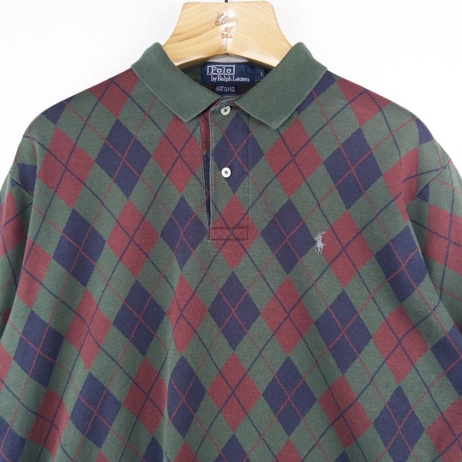 90’s Vtg Polo Ralph Lauren Shirt Mens L Navy Argyle Knit Long Sleeve Made In USA