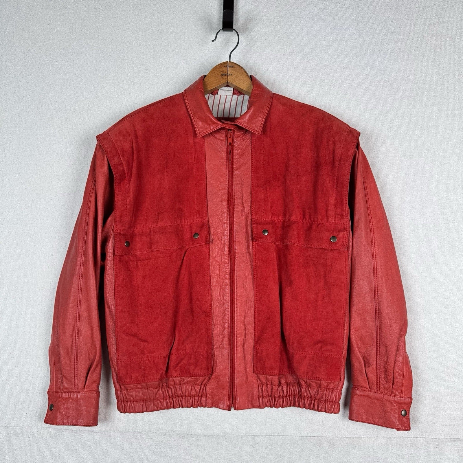 90’s Saks Fifth Avenue Suede Leather Bomber Jacket Red Zip Womens 12 Chest: 42”