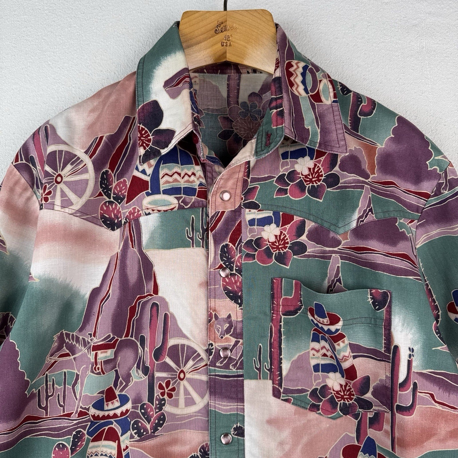 Vintage Southwestern Desert Cowboy Cactus Pearl Snap Shirt Purple Green XL 46”