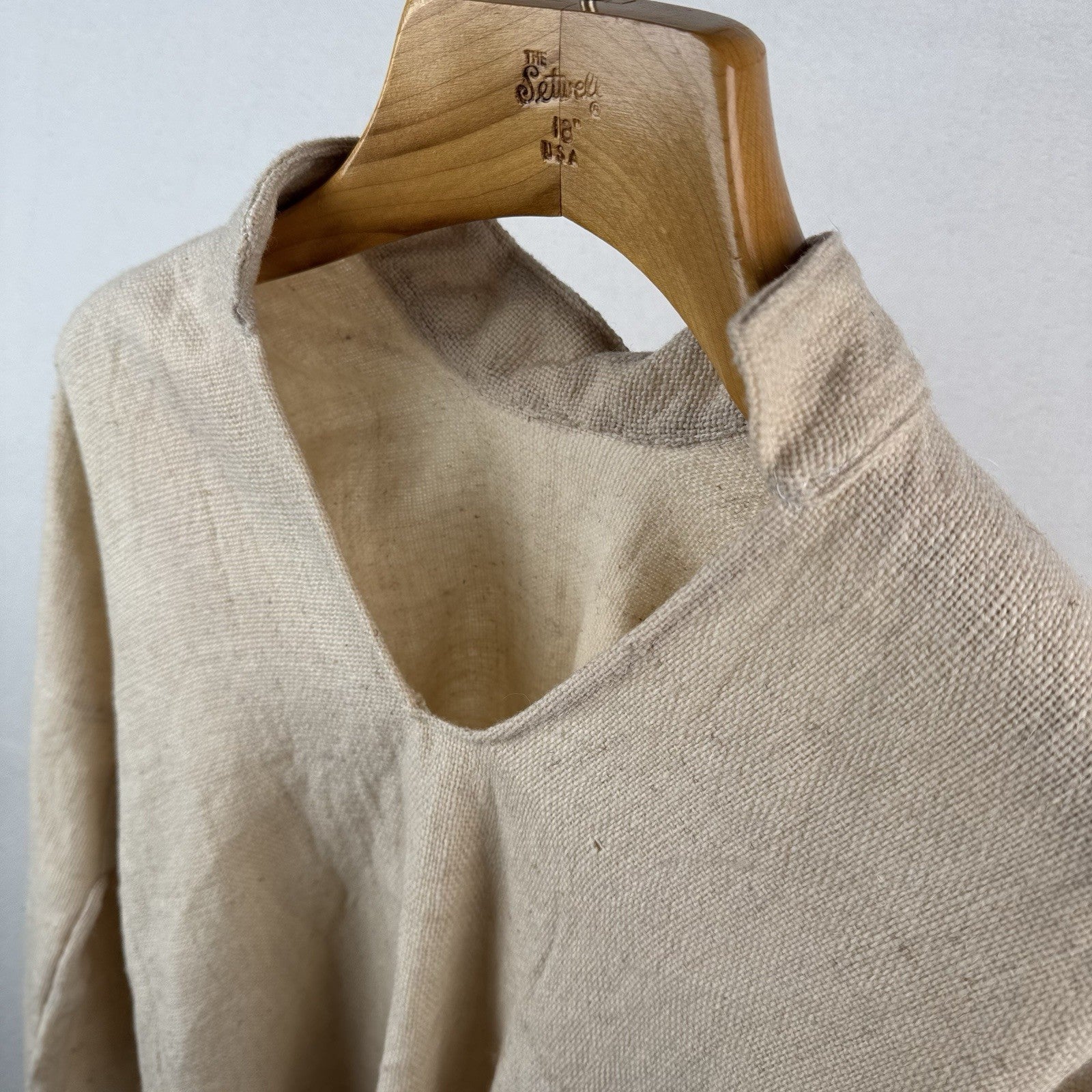 Handmade Linen V-neck Balloon Sleeve Tunic Beige Vintage Poet Shirt 42” Chest