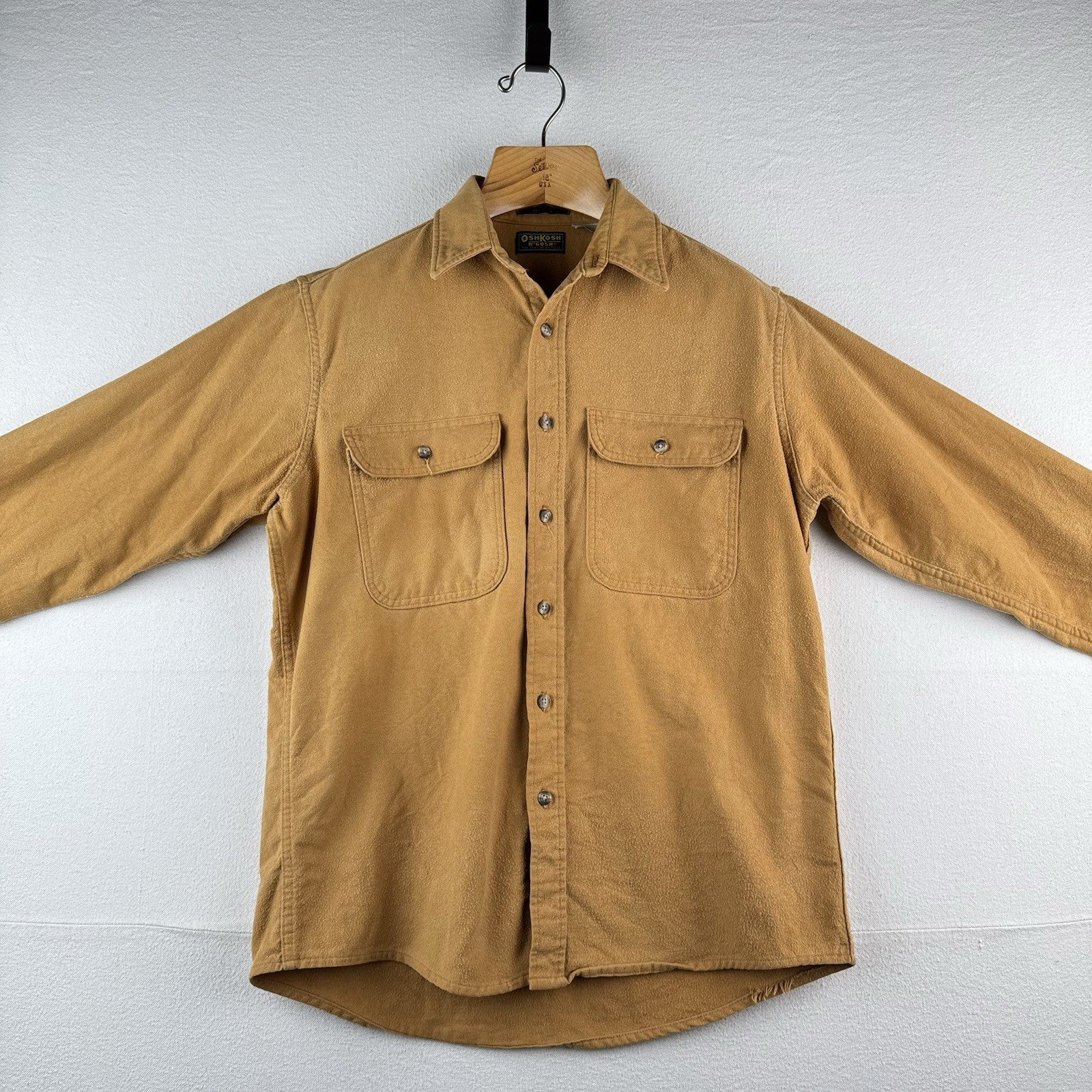 80’s Vtg OshKosh Bgosh Shirt Mens L Camel Tan Chamois Flannel Button USA Made