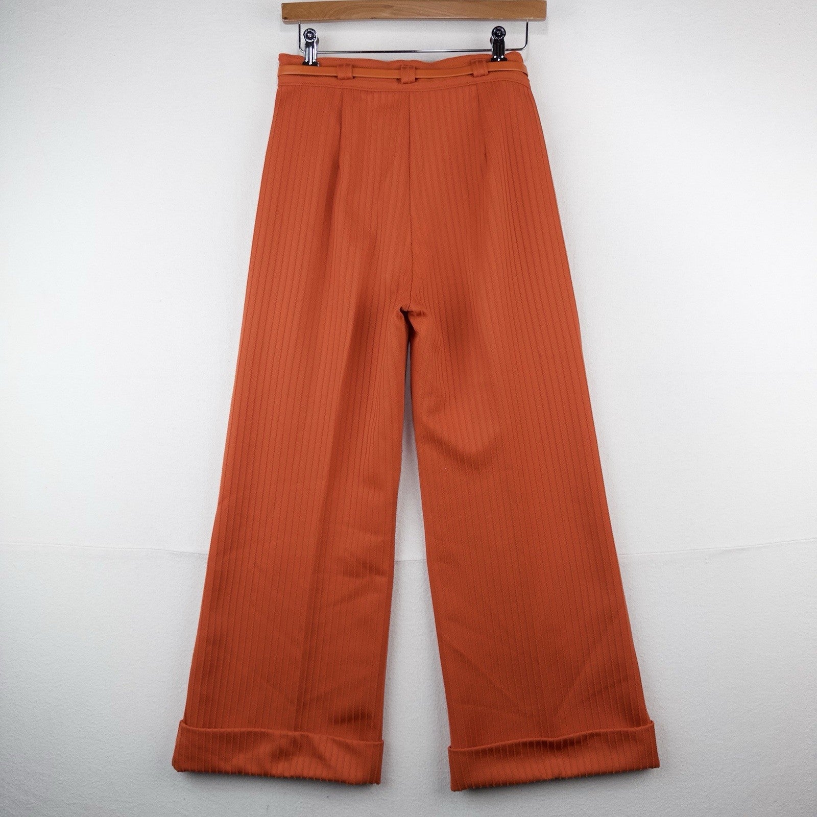 70’s Vtg High Waisted Belted Wide Leg Pant Pinstripe Texture Small 27x27 Orange