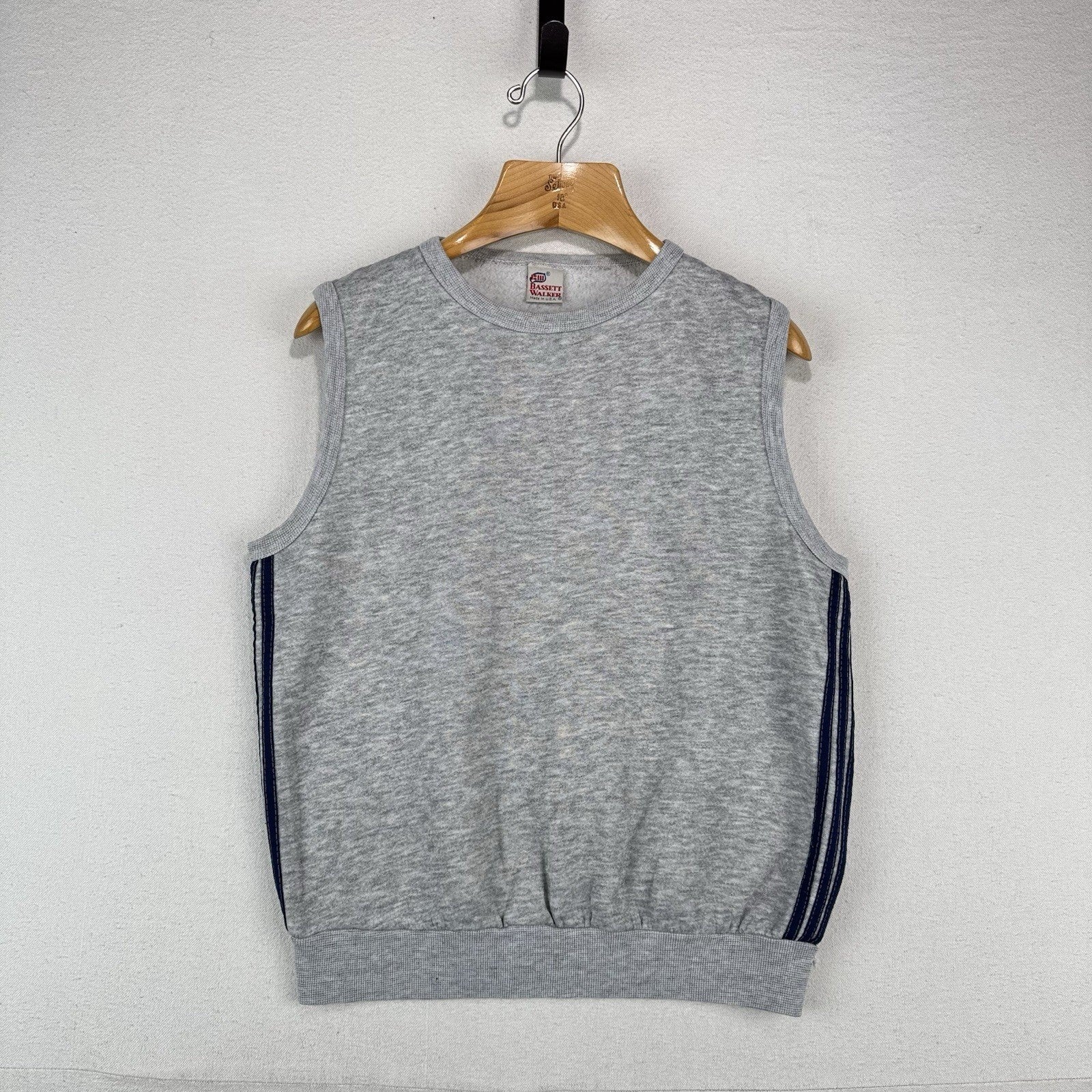 70's Vintage Bassett Walker Large Crewneck Sweatshirt Vest Gray Blue Stripes