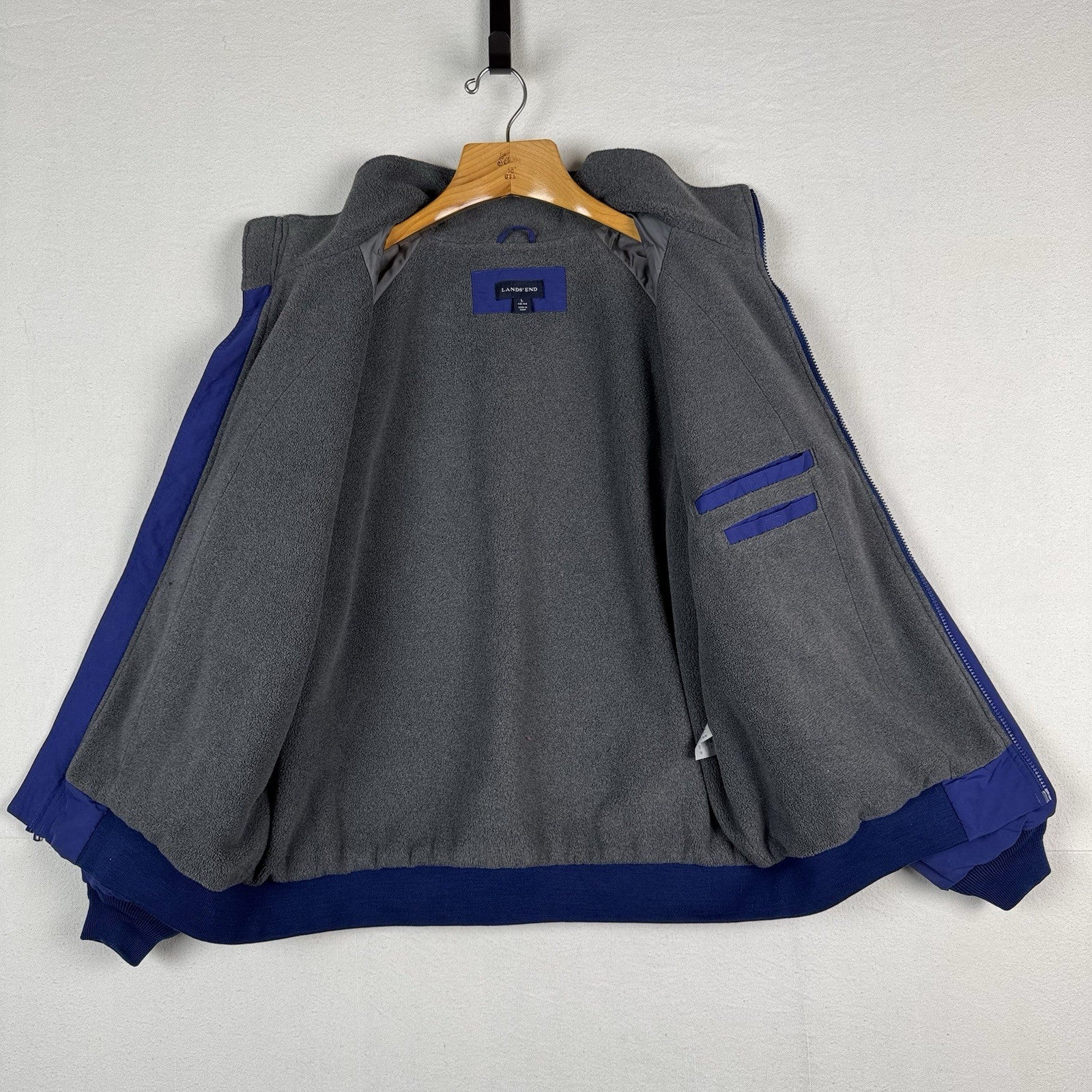 Lands' End Fleece Jacket Men’s Large Blue Squall Windcheck Thermolite Insulated