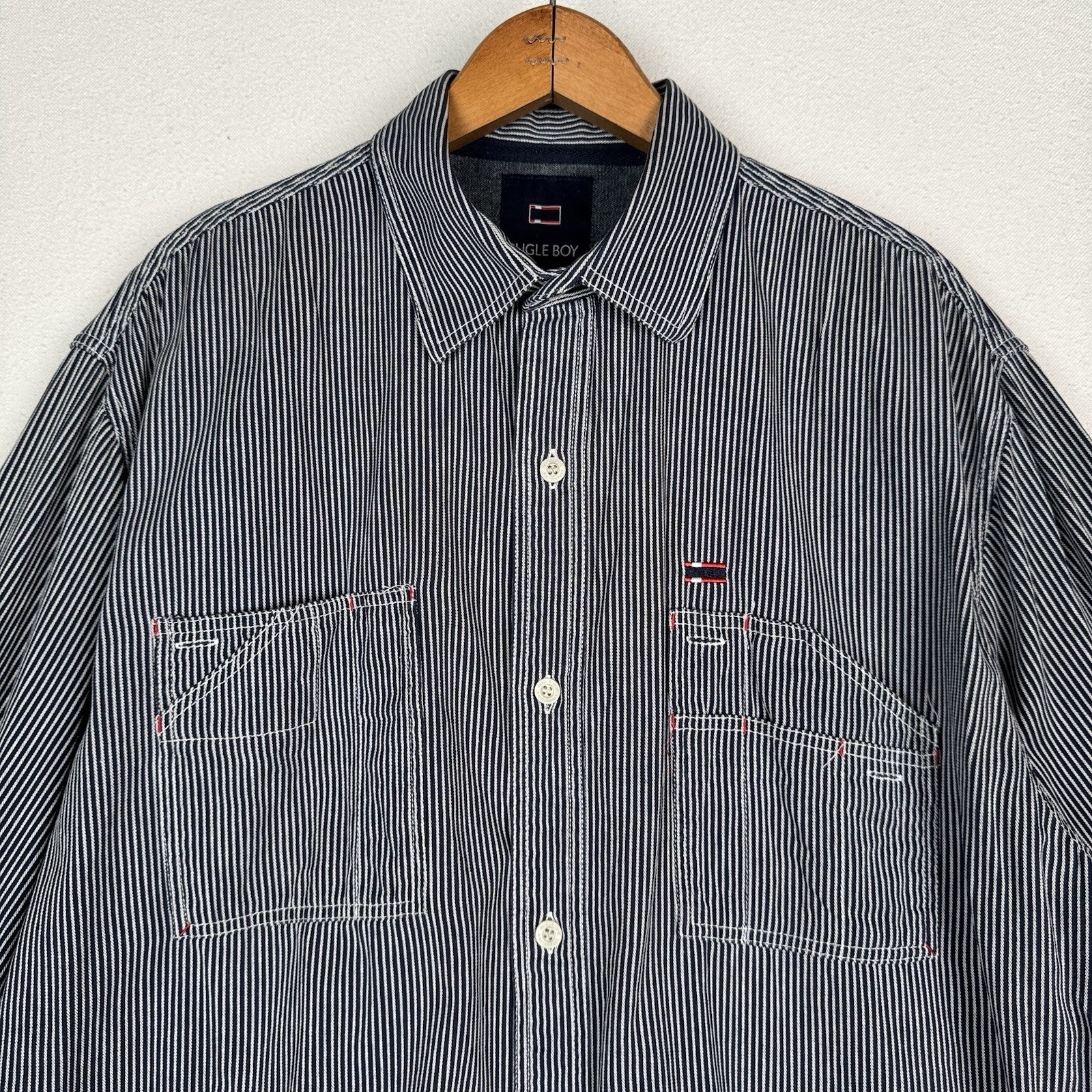 Vintage Bugle Boy 80s 90s Engineer Striped Long Sleeve Button Shirt Blue Men’s L