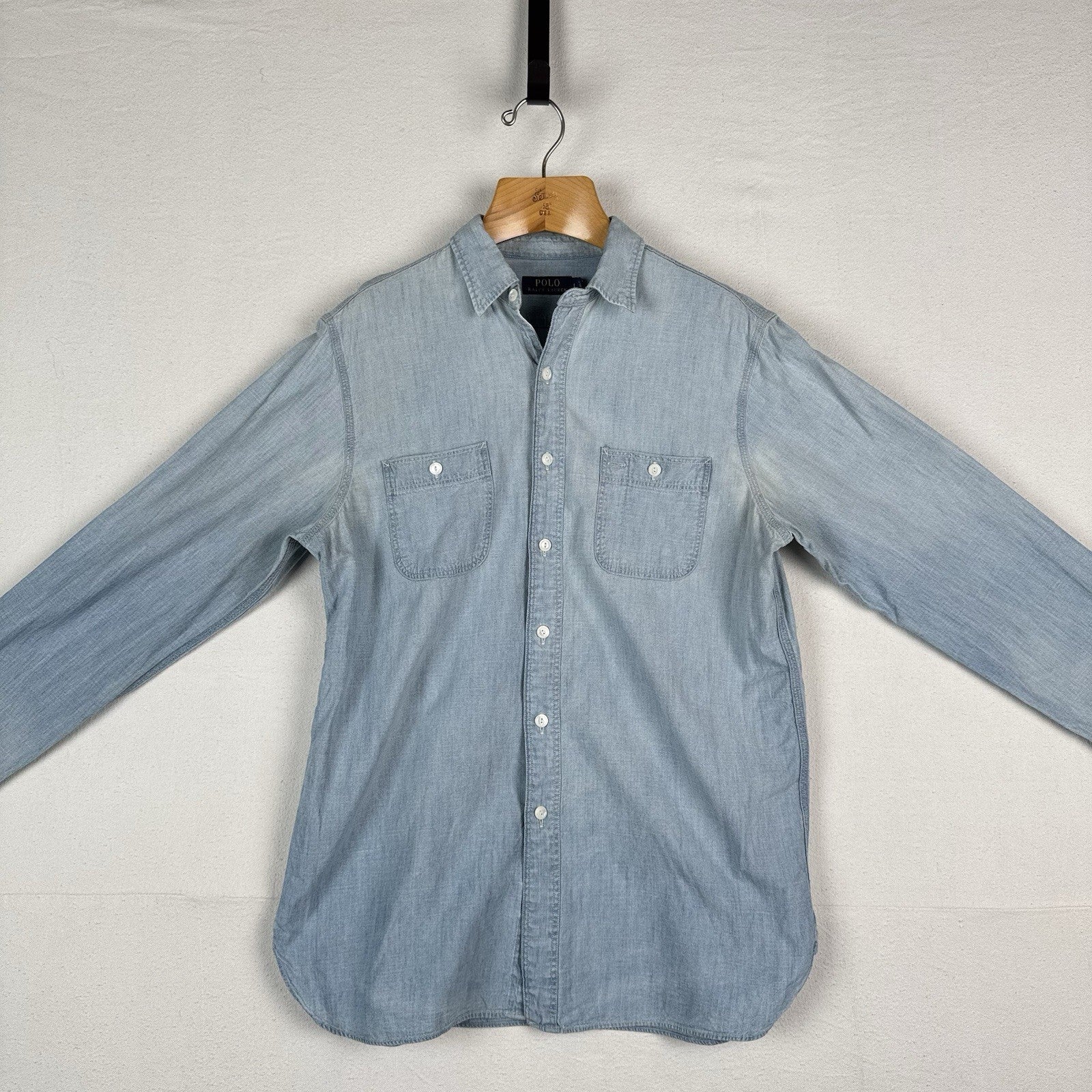 90s Polo Ralph Lauren Men’s Large Chambray Denim Shirt Blue Yacht Club RLYC Flag