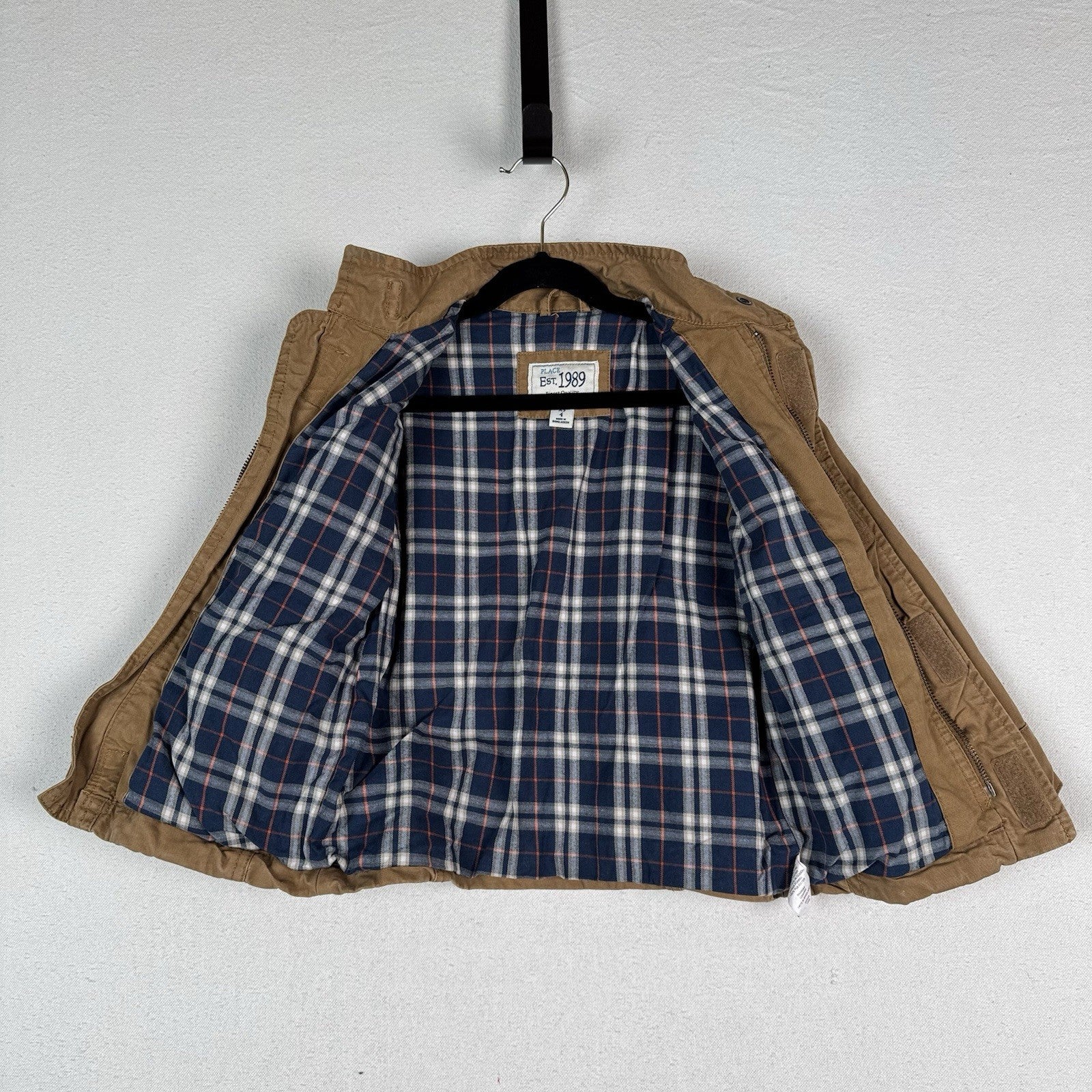 Childrens Place Military Utility Barn Jacket XS 4T Tan Flannel Lines Full Zip