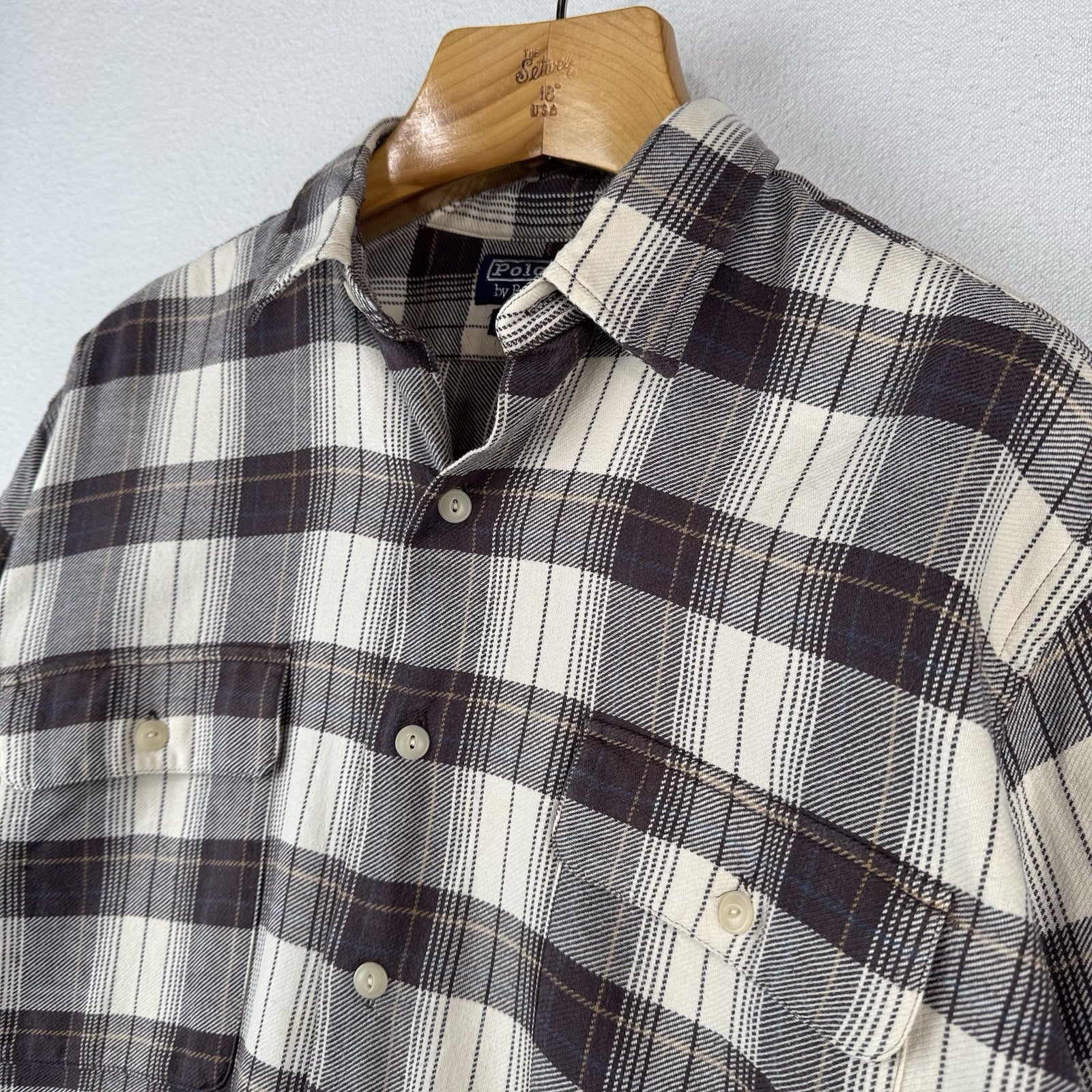 Vintage Ralph Lauren Shirt Mens L Brown Plaid Benford Flannel Cotton *Read