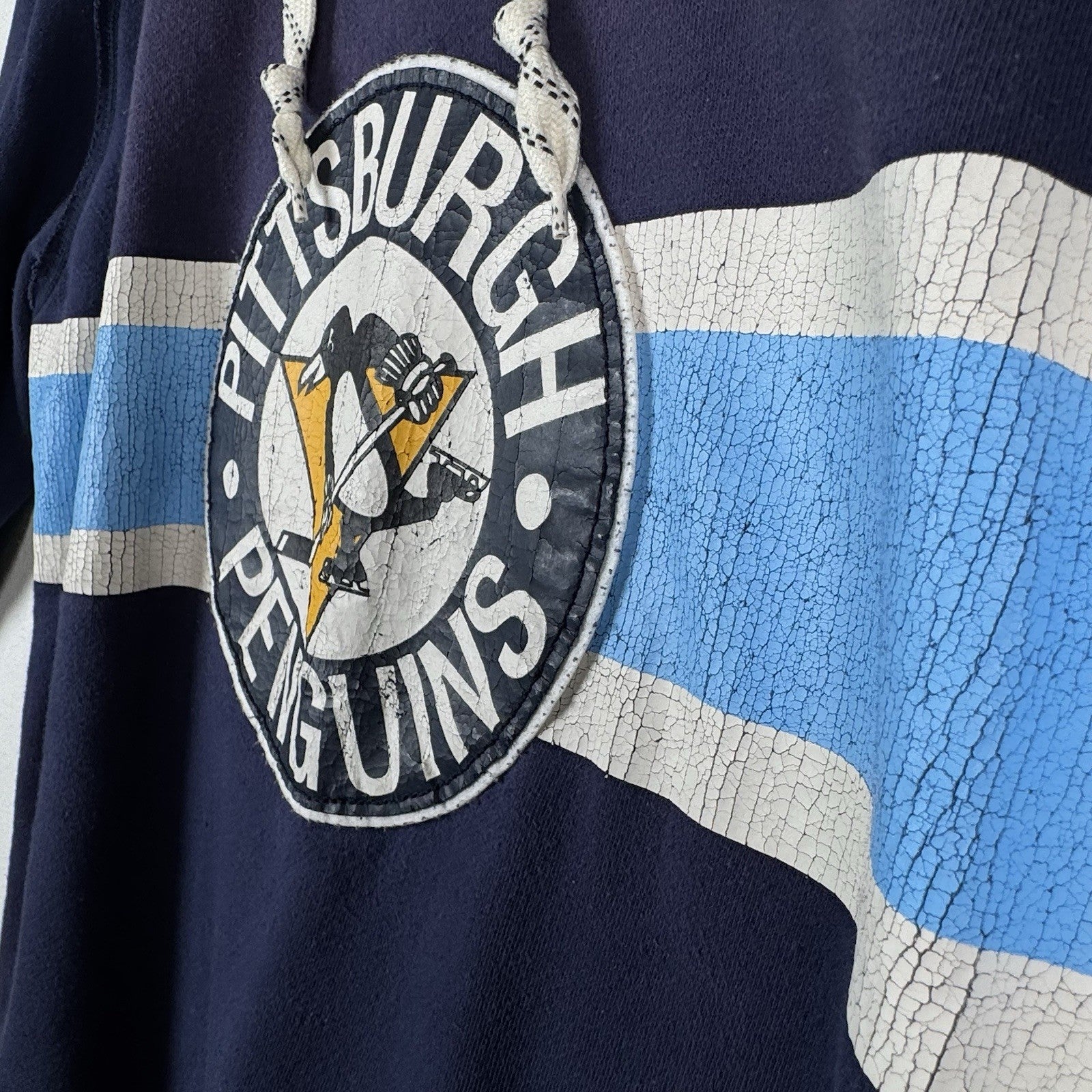 CCM Pittsburgh Penguins Mens Large Laceup Blue Sweatshirt Jersey NHL Distresssed