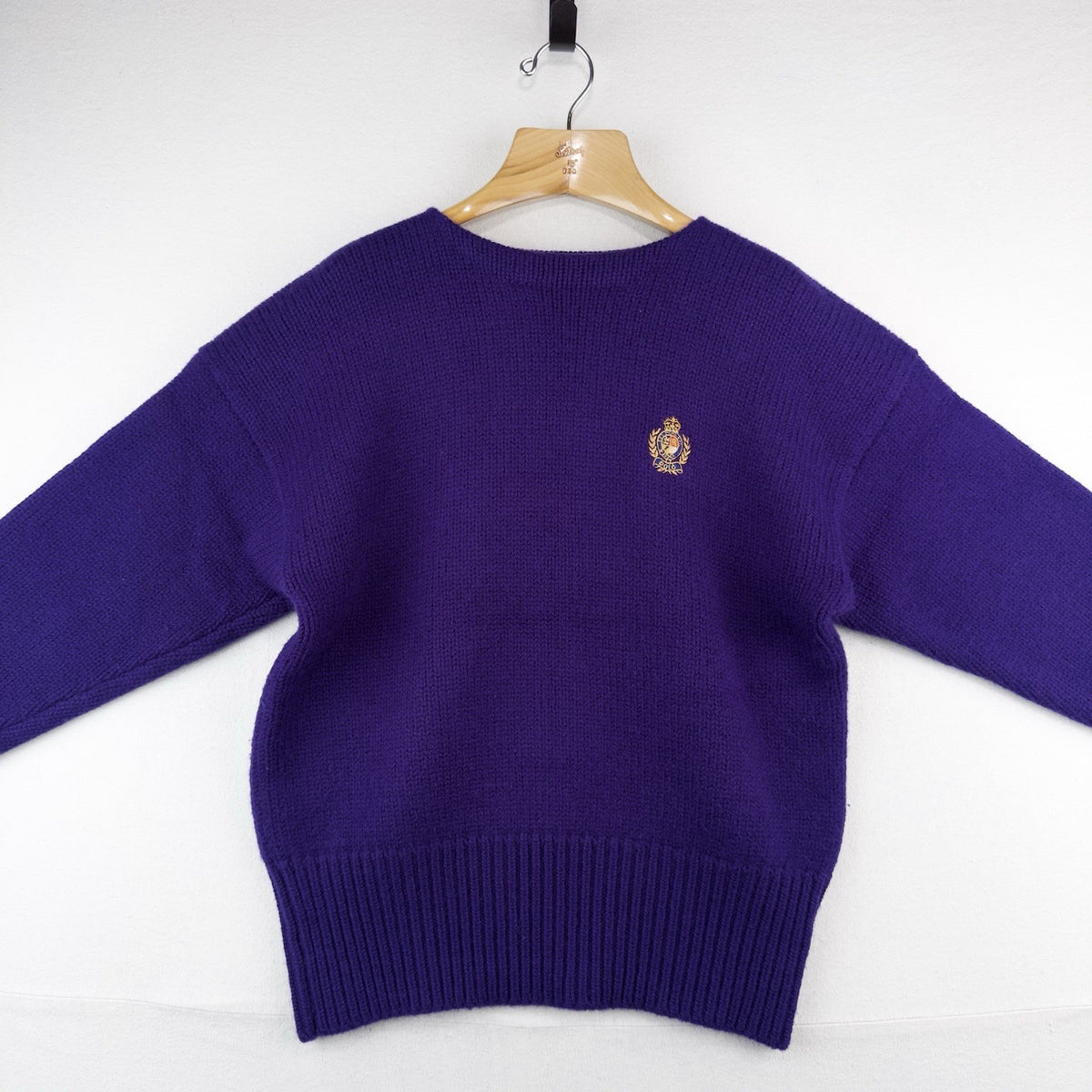80’s Vtg Polo Ralph Lauren Wool Boat Neck Purple Embroidered Crest Sweater XL